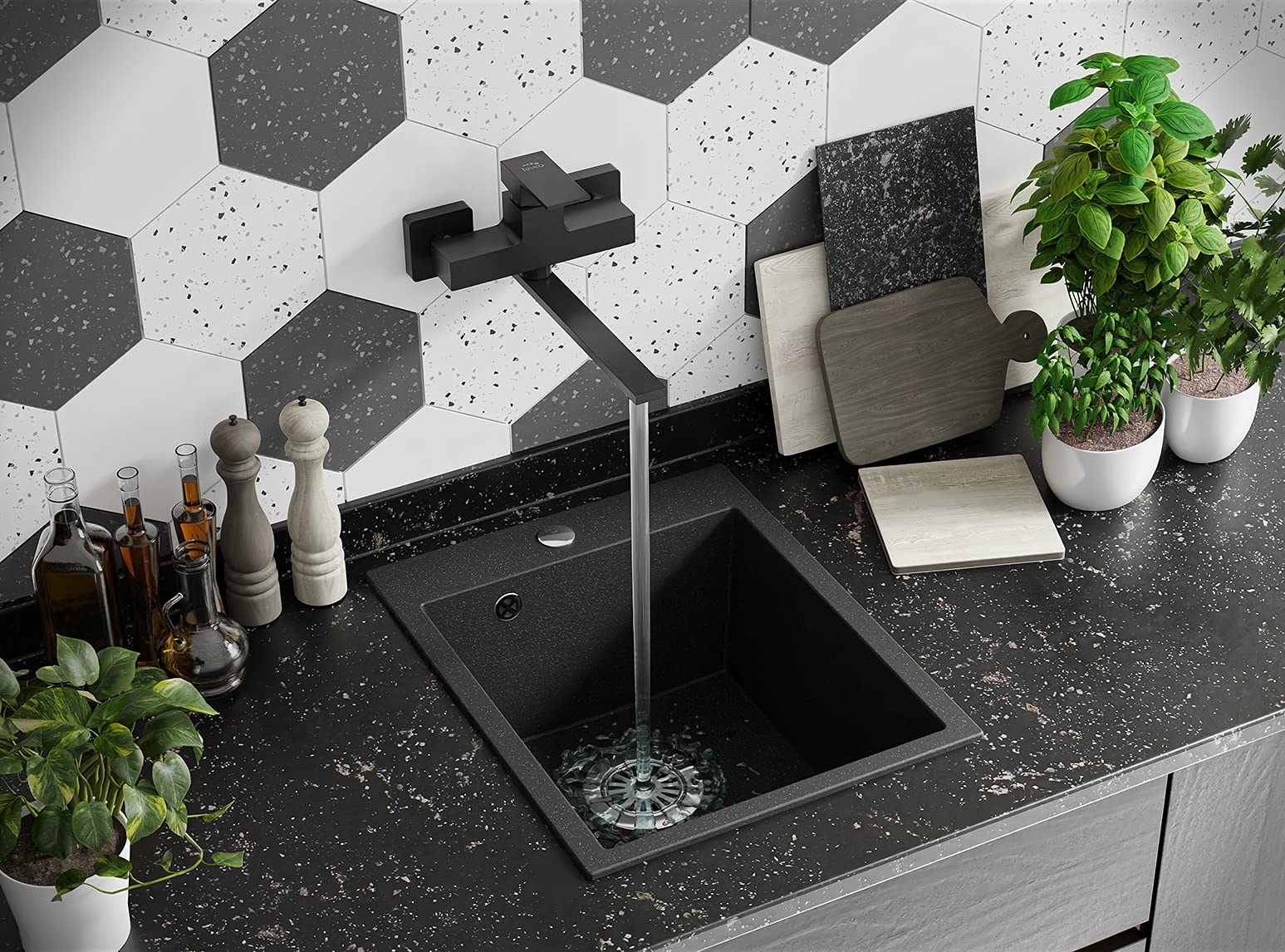 VBChome Fregadero de 48 x 39 cm, color negro, granito, rectangular, moteado, gran lavabo profundo, granito, sifón y grifo inox
