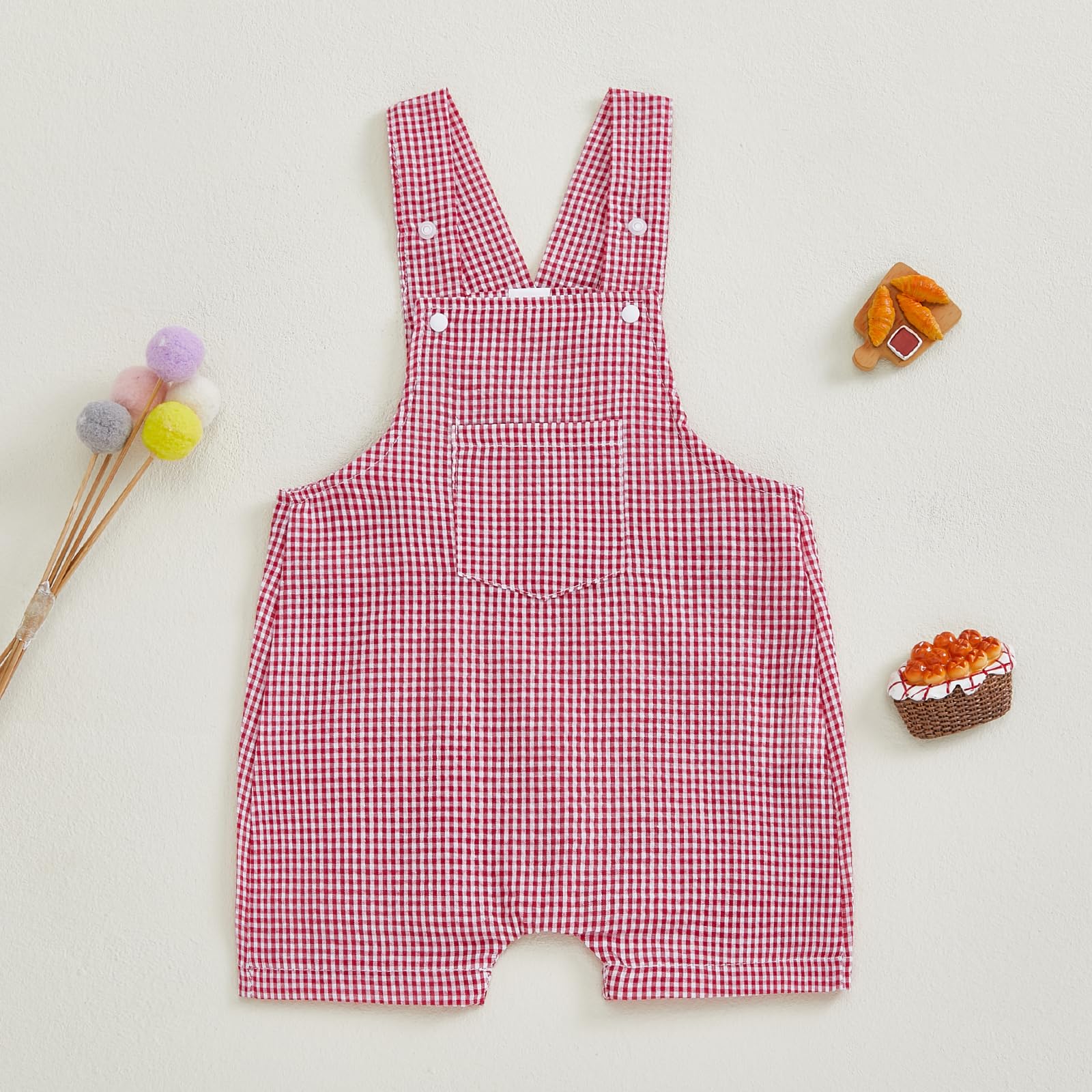 ZAXARRA Infant Baby Overalls Girls Boys Plaid Baby Jumpsuit Rompers Suspender Baby Short Overalls with Pocket (Red, 3-6 Months)
