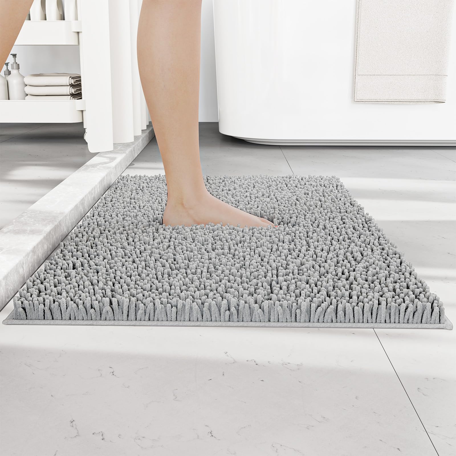 RUN HELIX Non Slip Chenille Bath Mat, Versatile Soft Bathroom Mat & Shower Mat, Machine Washable Absorbent Bath Mats for Bathroom, Living Room, Kitchen, Bedroom & Indoor Scenes, 50x80cm, Light Grey — image 1