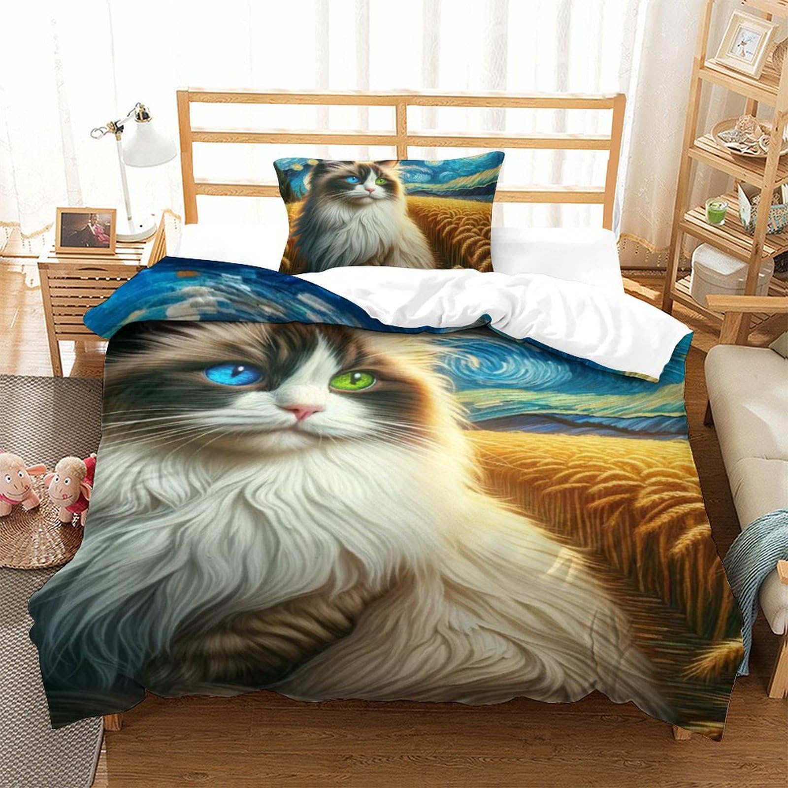 NNAWFJXG Cute Cat 3D Printed Quilt Cover Set 2 Pieces Bed Duvet Set Soft Easy Care with Zipper Closure，Pillowcases for Teens And Adults Single（135x200cm）