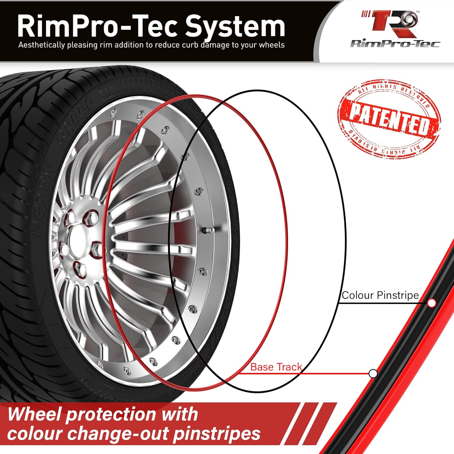 Rimpro-Tec Wheel Bands Rim Protectors for Car Wheels for Protection and Decor, Durable All-Weather Rims Protectors Easy-to-Install Rim Guard Fit from 12" to 22" Wheels Base: Red, Inner: Black.