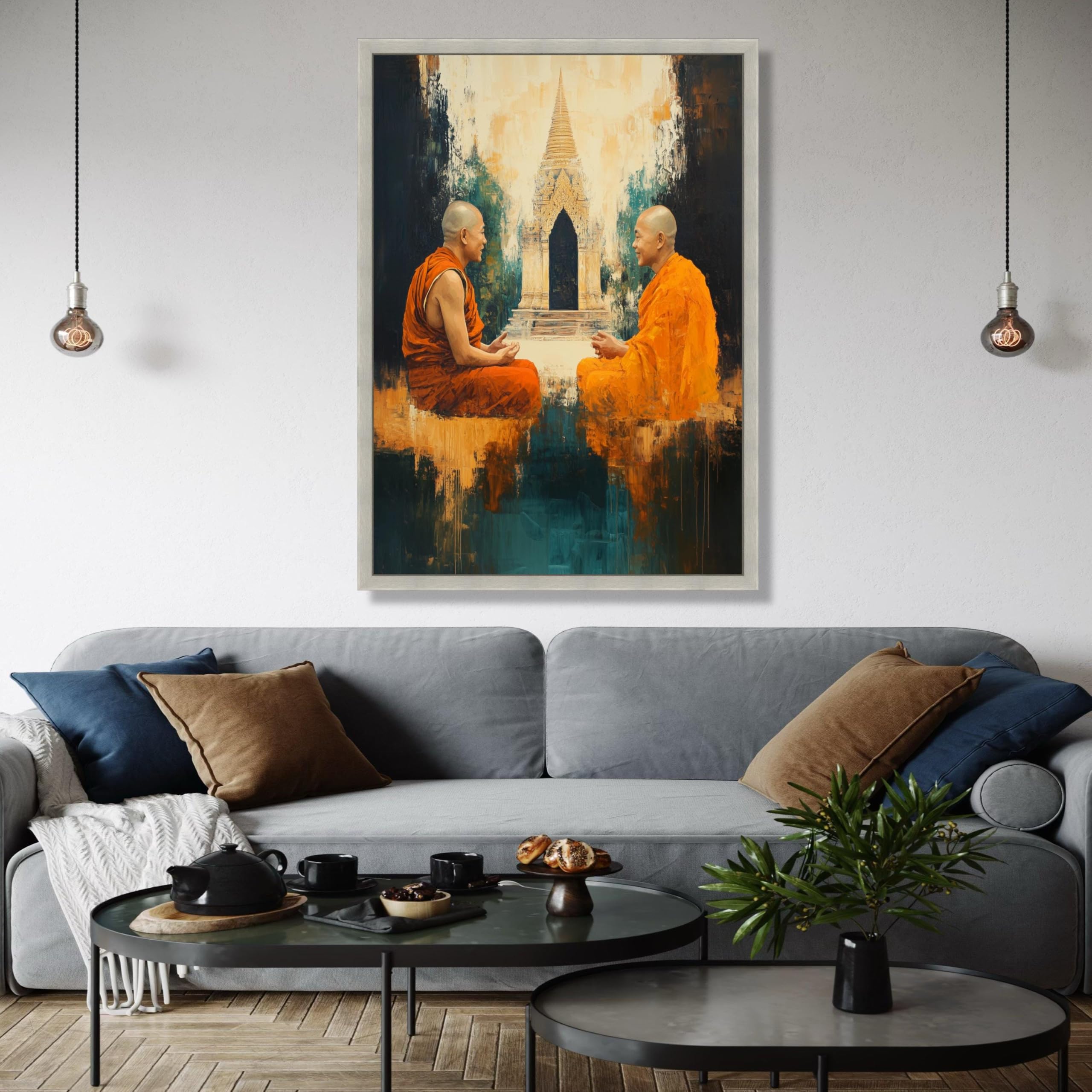 YUSUZHU Tela con due monaci buddisti in meditazione, arte murale del tempio, dipinto di arredamento spirituale per la casa, arte con vesti arancioni, stampe (60x80 cm/cornice interna)