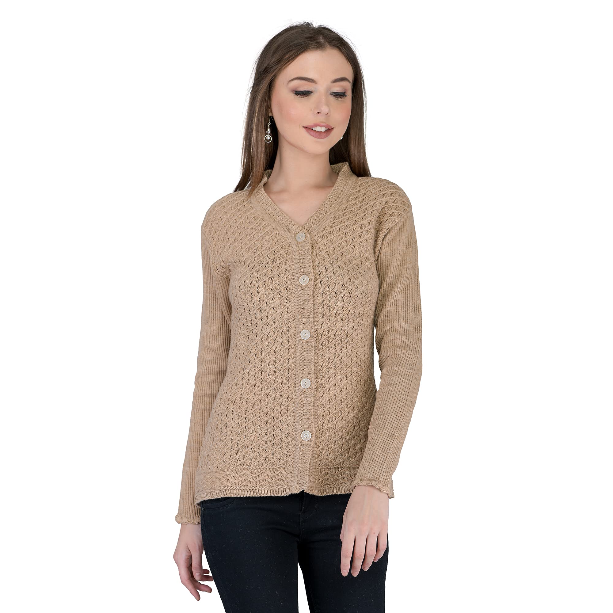 ladywillington Lady Willington Women Woolen V-Neck Self Design Cardigan Heavy Daffodil Fabric Cardigan Winter Wear Pure Wool Cardigan for Women Free Size Long Cotty Fully Warm Cardigans (XS, Skin)-picture-37