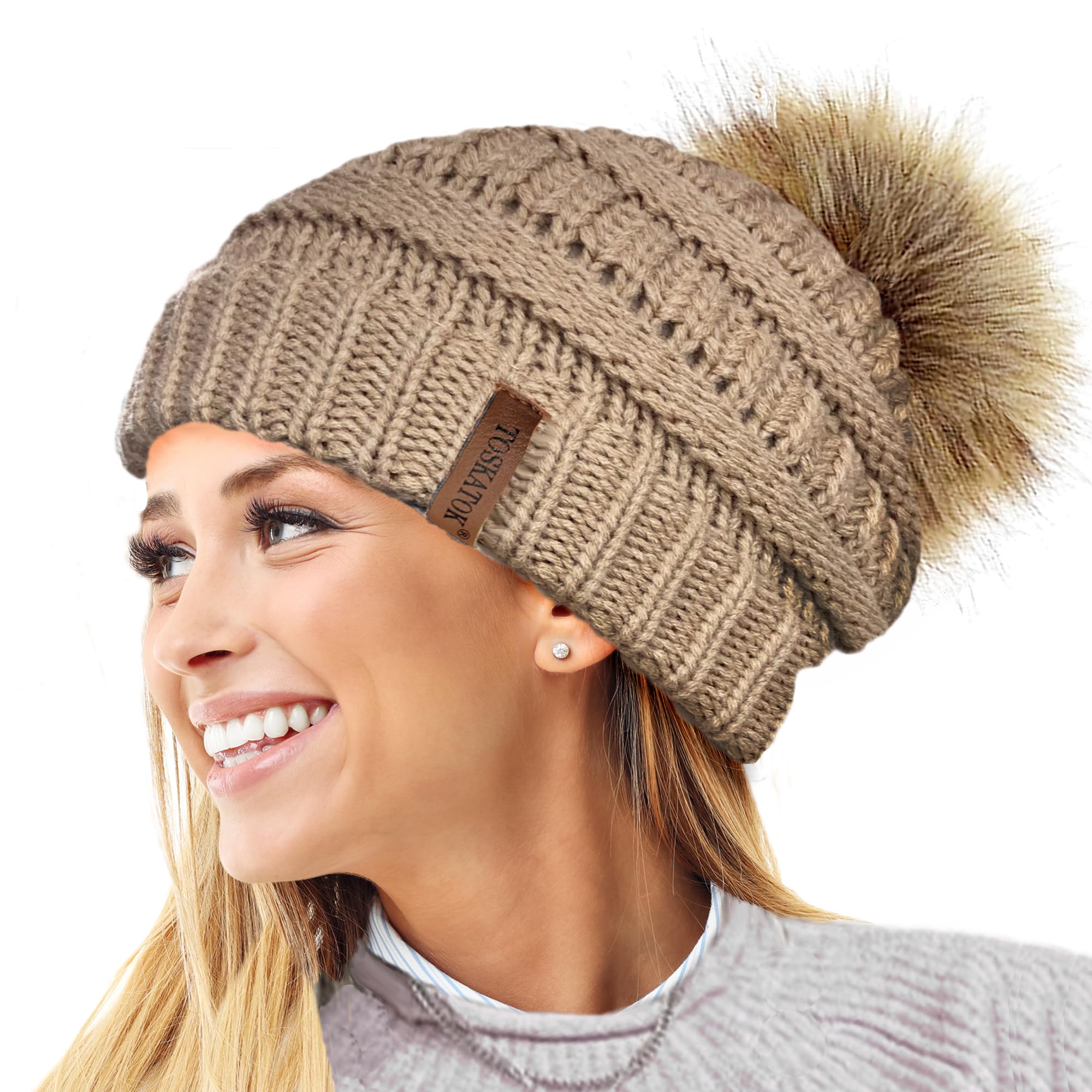 Toskatok Women's Camel Toskatok® Textured Knit Beanie Hat With Detachable Faux Fur Pom Pom