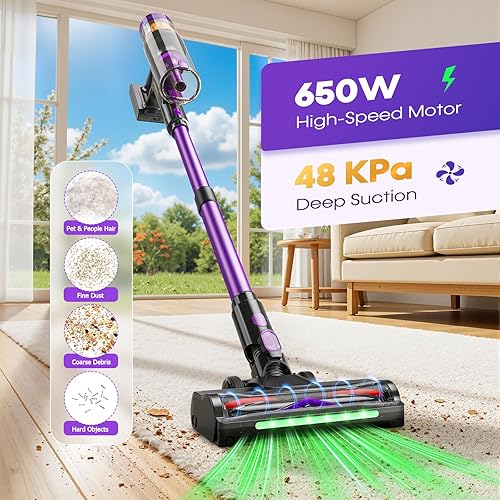 Miniatura 2 de Aspiradora inalámbrica de 650 W 48 KPa, aspiradora de mano portátil inalámbrica para el hogar, suelo, alfombra, pelo de mascotas con pantalla táctil