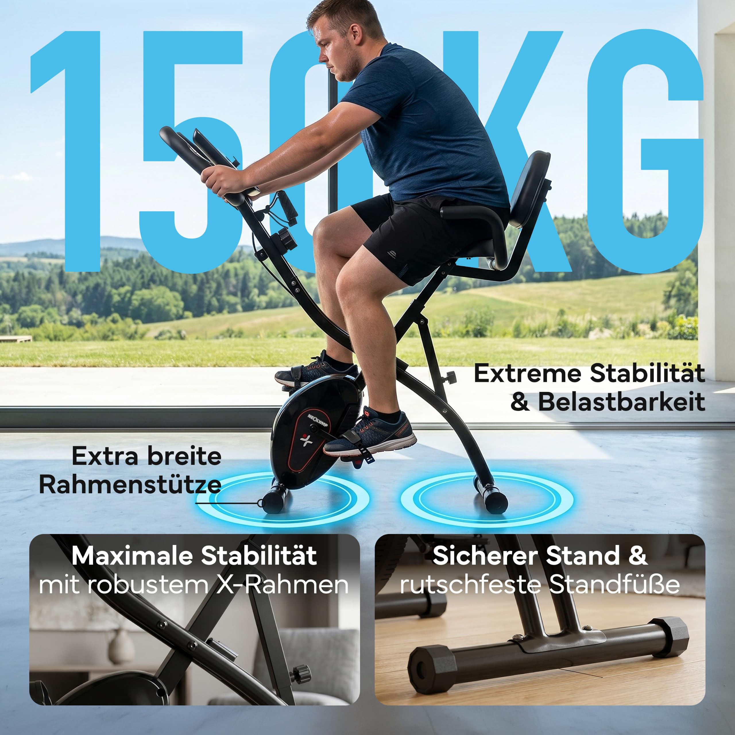 NEOLYMP Heimtrainer Fahrrad Klappbar - leises Cardio-Training bis 150 kg - 8 Stufen, Pulsmesser, Tablet-Halter - extra stabil & wackelfrei - Hometrainer Ergometer Indoor Bike Spinning Trimmrad