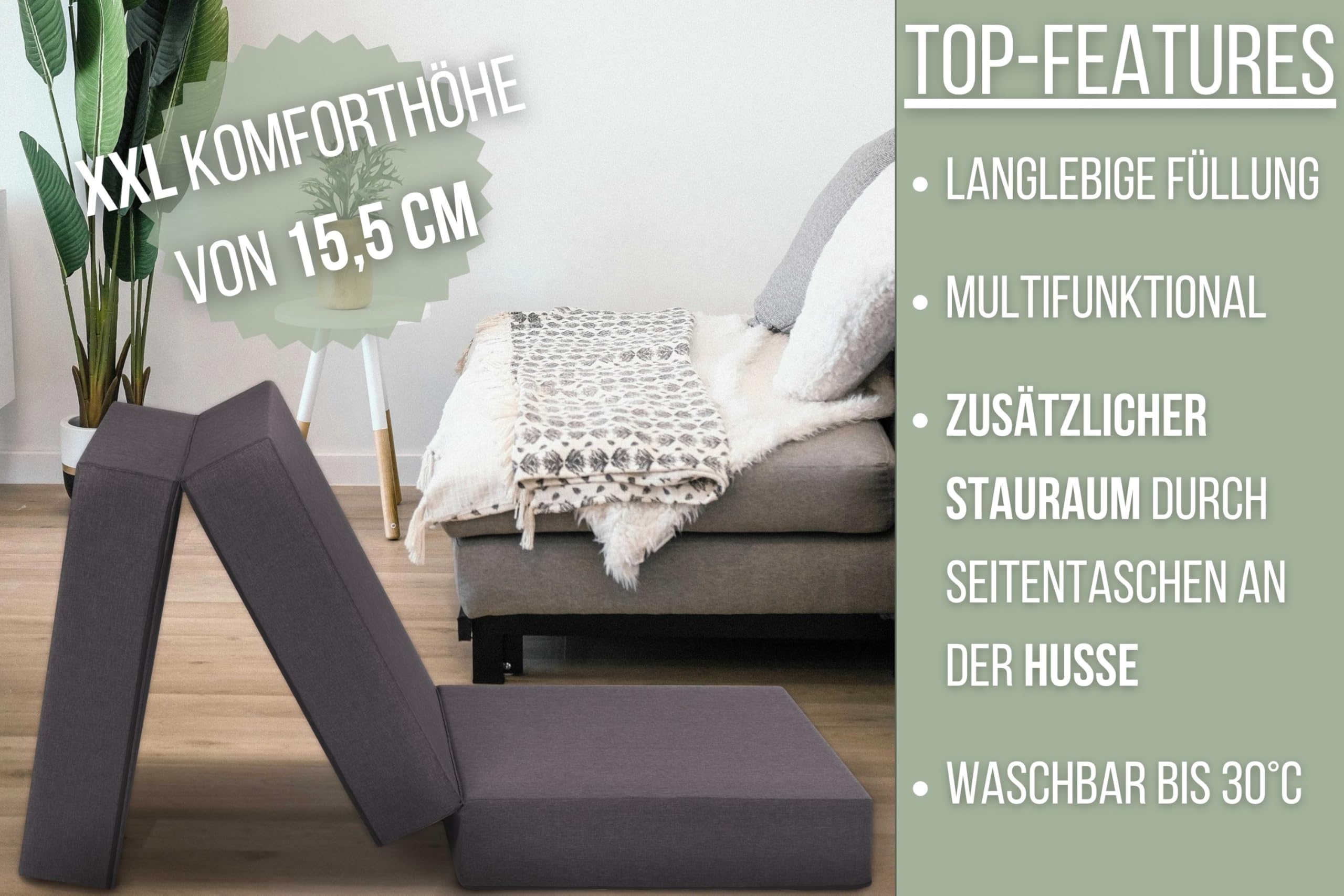 Badenia Trendline Colchón Plegable XXL para Invitados, 196 x 65 x 15,5 cm, Núcleo de Espuma de 15 cm, Funda Lavable, Gris Claro, Certificado Oeko-Tex