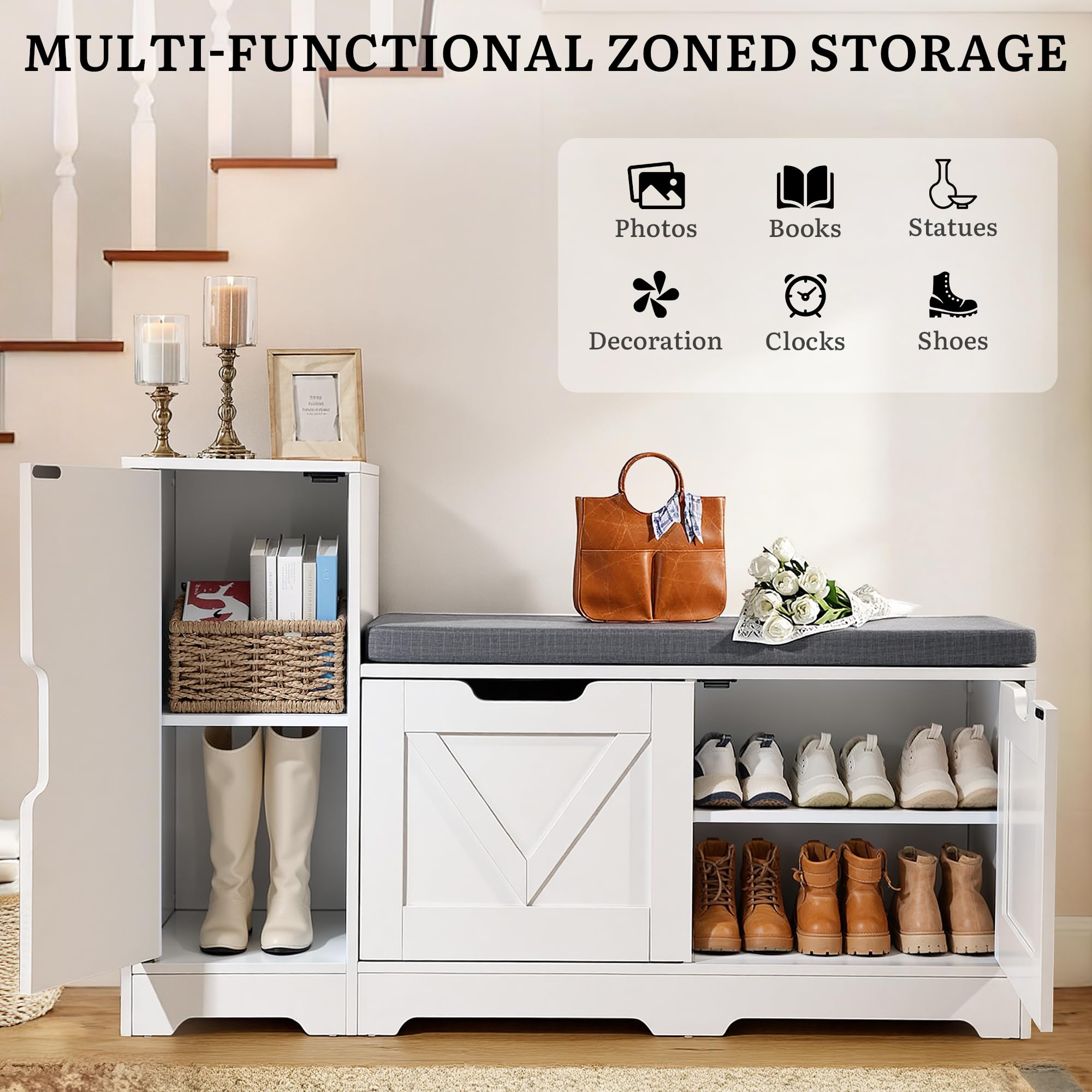 YITAHOME Panca Scarpiera da Ingresso, Scarpiera Ingresso con Sedia Rimborsata e Cuscino, Doppia Porta scarpieras di Stoccaggio con Armadi Laterali, Panca Portascarpe, 105 x 37 x 65,5 cm, Bianco