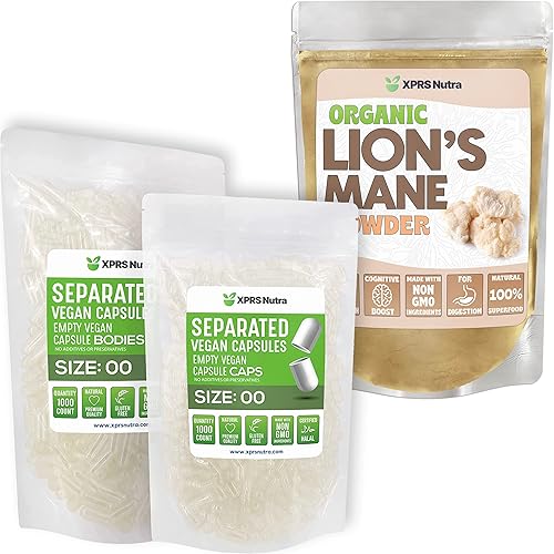 Miniatura 1 de XPRS Nutra Tamaño separado 00 cápsulas (1000 unidades) con paquete de polvo de melena de león (16 onzas)