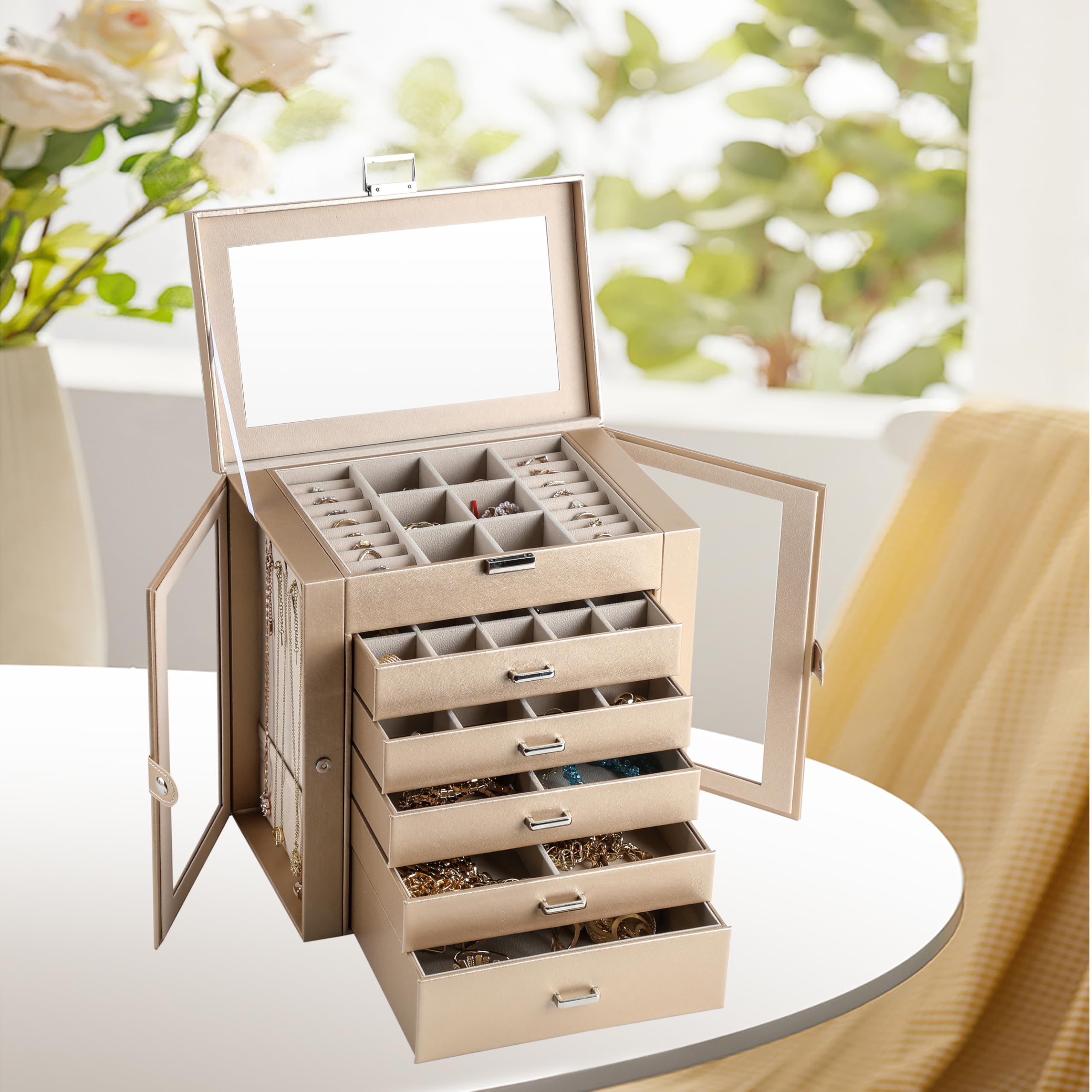 6 Layer Large Jewelry Boxes With Mirror,Multifunctional 5 Drawers Jewelry Box Organizer With 2 Glass Door For Necklace Organizing Black
