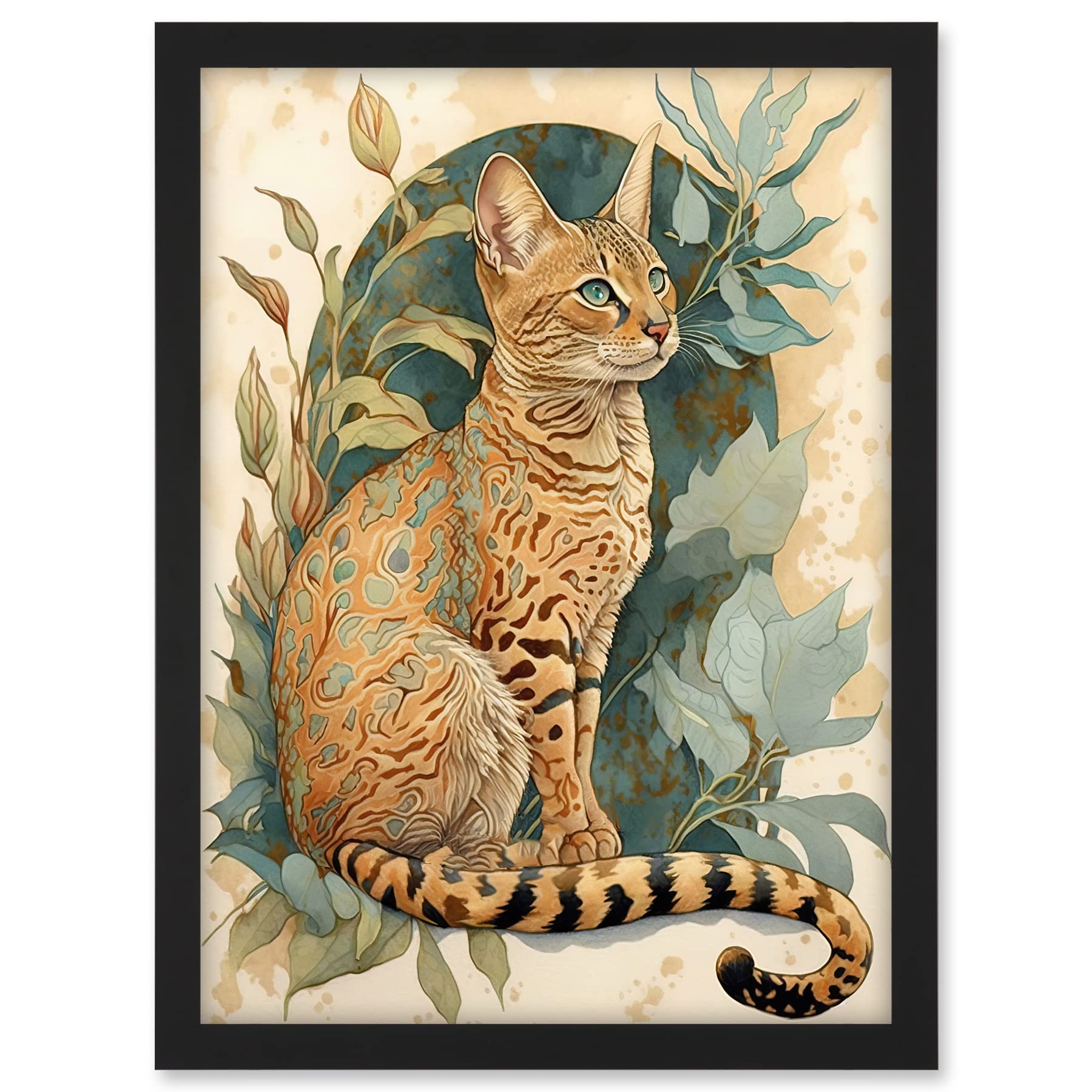 Artery8 Ocicat Cat with Teal Rosette Pattern Fur and Leafy Plants Watercolour Illustration Artwork Framed A3 Wall Art Print