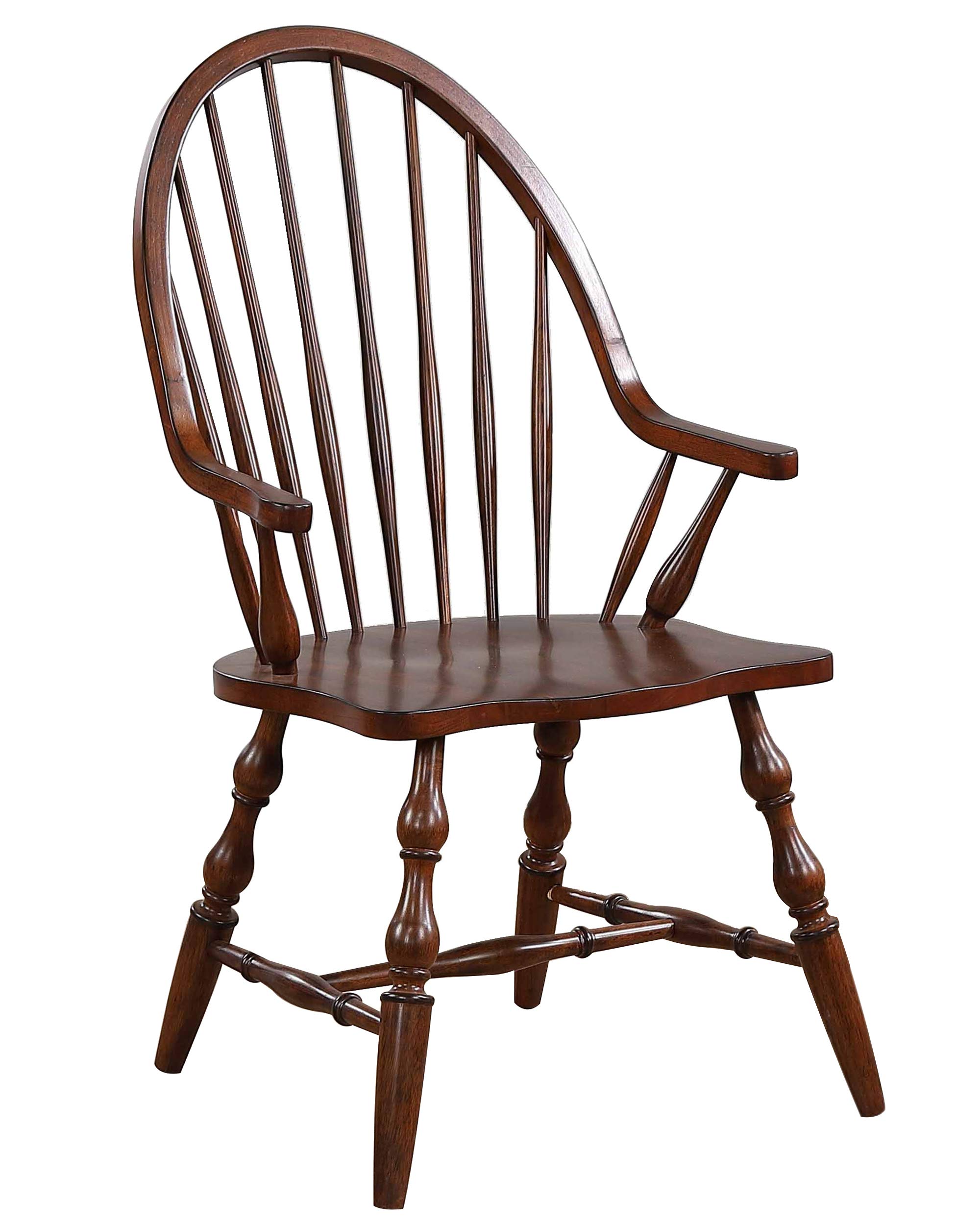 Sunset Trading Andrews Windsor Spindleback Dining Chair with Arms | Fully Assembled Kitchen Armchair| Modern Farmhouse Minimalist Country Cottage | Distressed Chestnut Brown Solid Wood