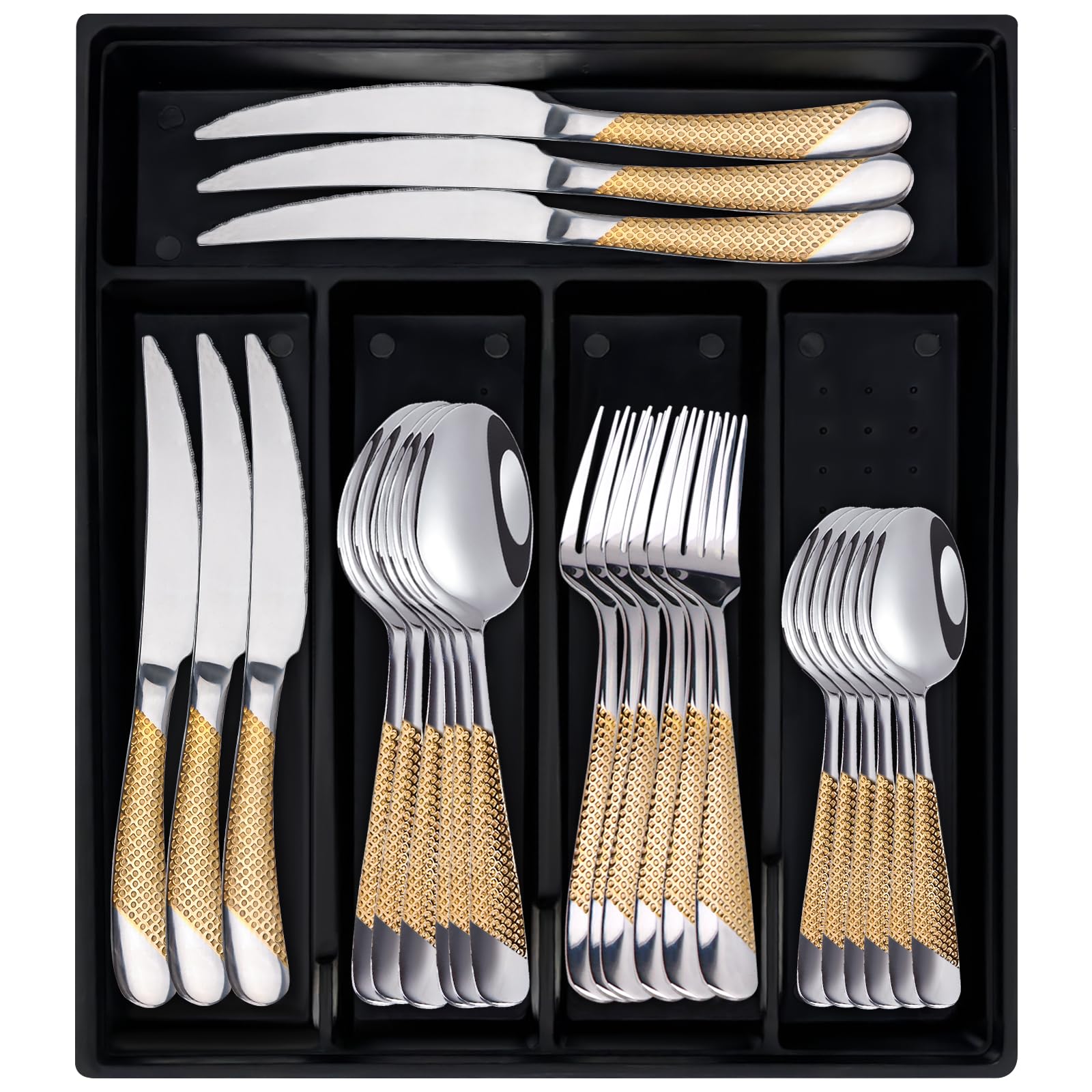 24-Piece Silverware Set with Organizer, Stainless Steel Flatware Cutlery Set with Non-Slip Handle, Mirror Polished Tableware Utensils Set for Home Restaurant (Goldsilver) — image 1