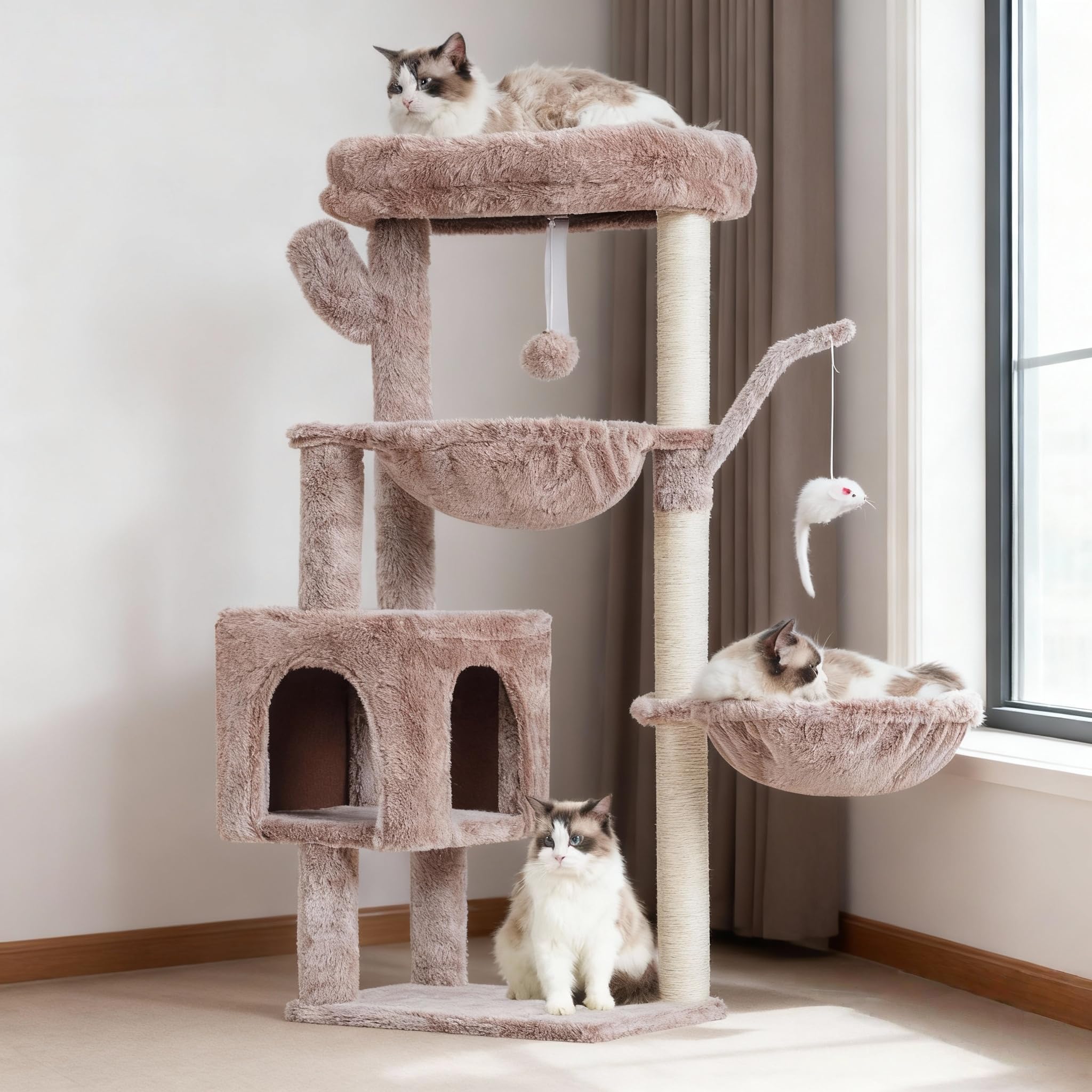 Heybly Albero Tiragraffi per Gatti, 100 cm Alto Con Grande Piattaforma In Cima, Grotta, 2 Amache, Giochi Per Gatti, Mobili Del Gatto, Tiragraffi Ad Alberi, Beige Marrone HCT006SMU