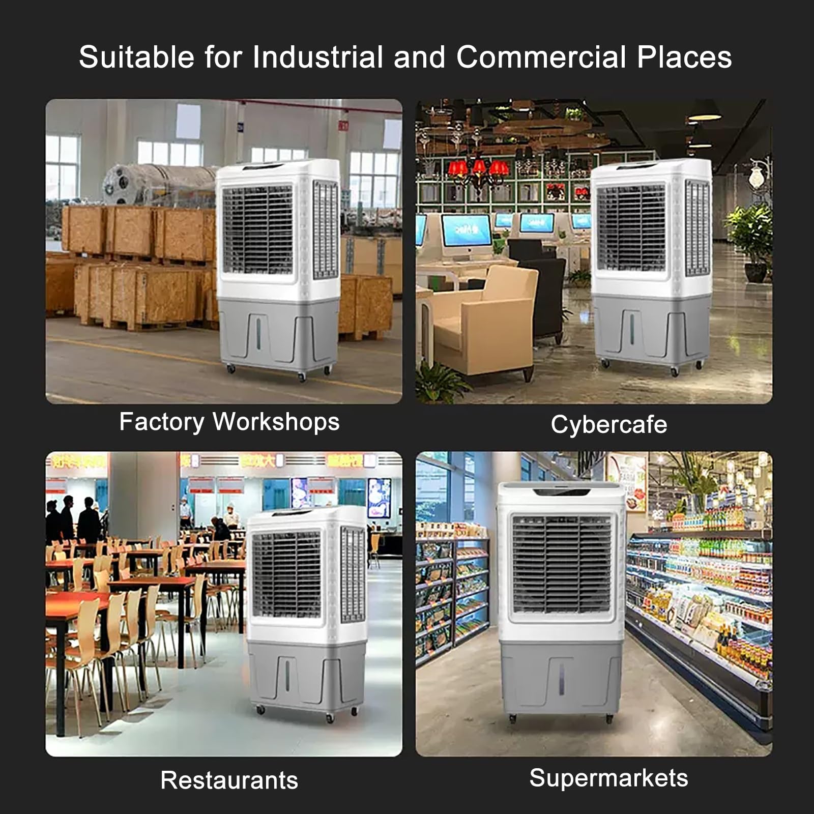 Enfriador de aire evaporativo portátil, volumen de aire de 23000 m³/h, oscilación de 120°, depósito de agua de 35 L/50 L para refrigeración comercial, de oficinas y doméstica (46 x 34 x 85 cm).