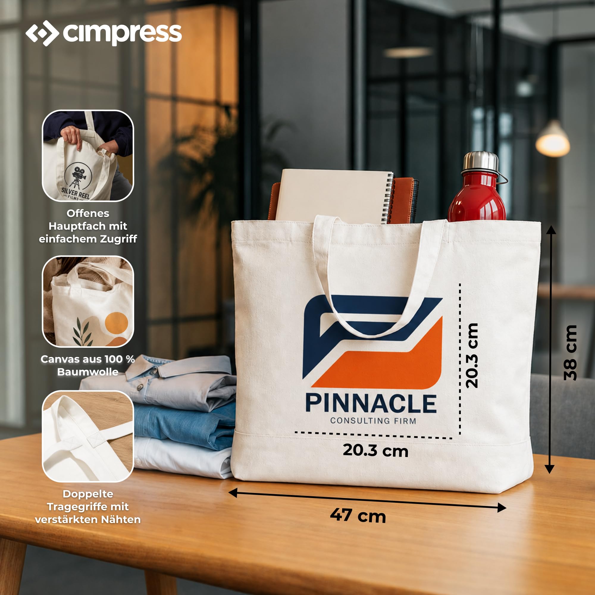 Cimpress Personalisierte Baumwolltaschen, 47 x 38 cm, Naturfarbe/Schwarz | Eigenes Foto, Logo oder Text hinzufügen, beidseitig bedruckbar, ideal für Fotogeschenke, Alltag, Einzelhandel und Events