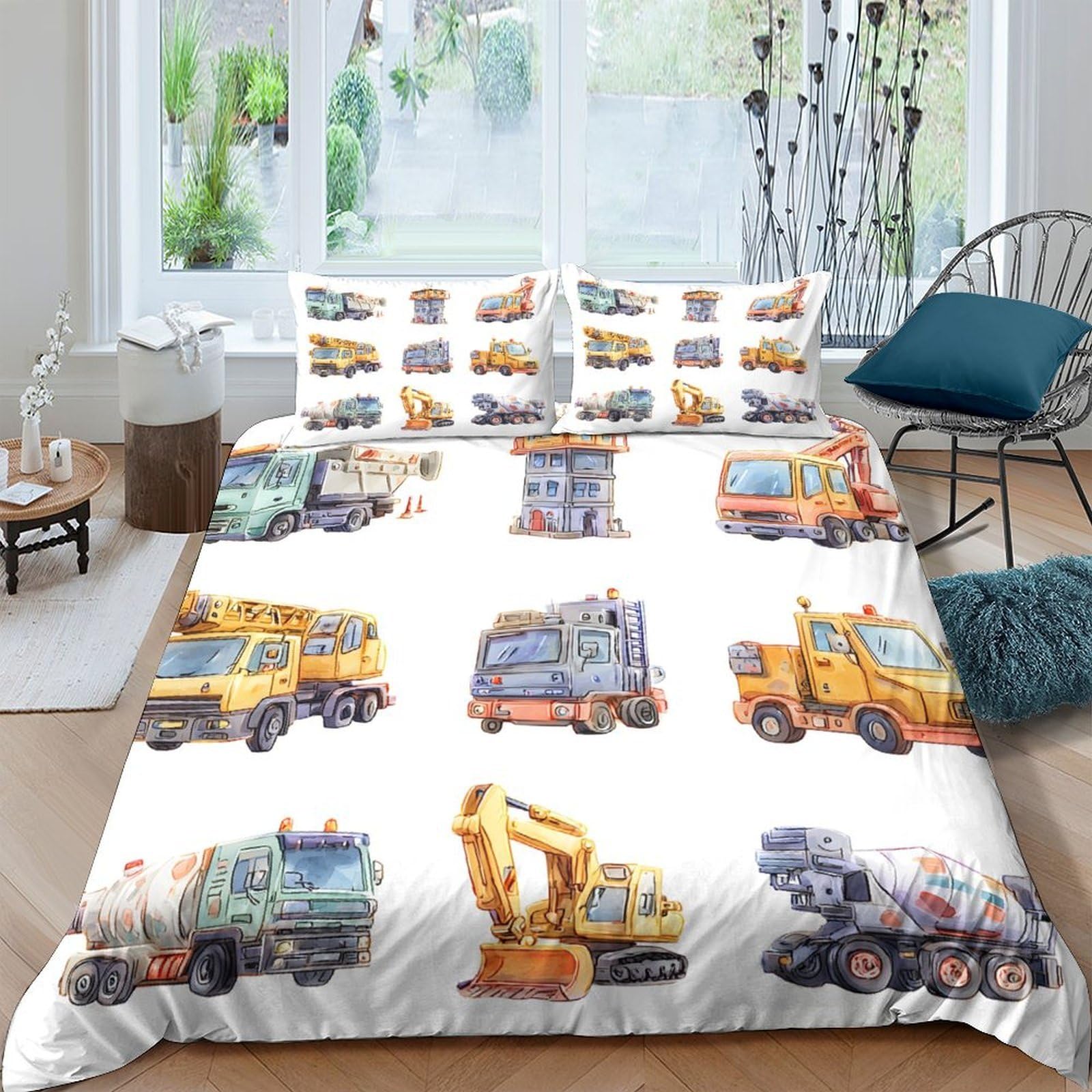 GPLZQXKJNH 3D Printed Construction Vehicles Duvet Cover Set Microfiber Soft Breathable Trucks Quilt Cover with 2 Pillowcases for Bedroom Home Single（135x200cm）
