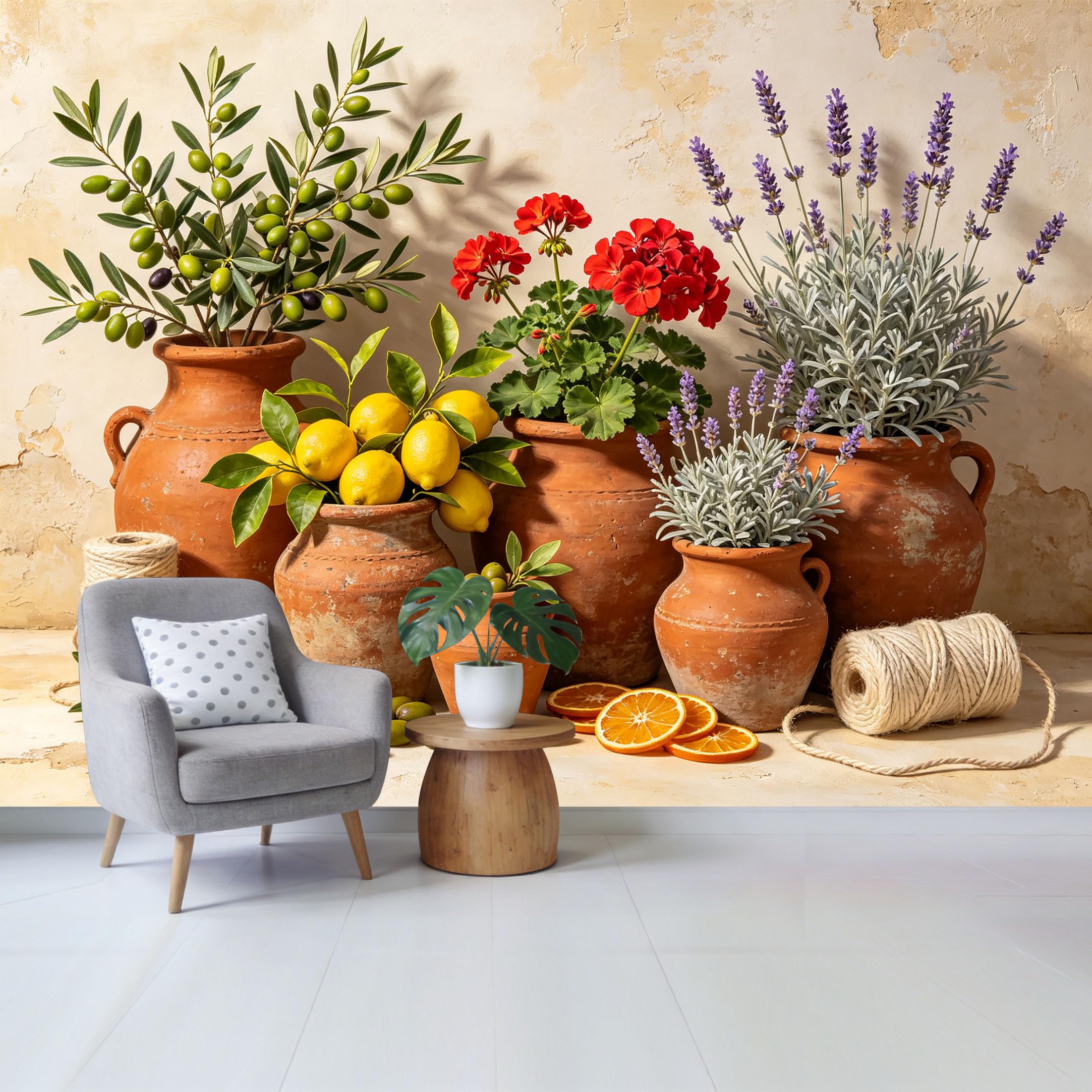 Custom Size Wall Mural Mediterranean Farmhouse Lemon Olive Tree Lavender Red Geranium Flower Pot Removable Self Adhesive Fabric，Home Wall Decor for Living Room Bedroom Bathroom