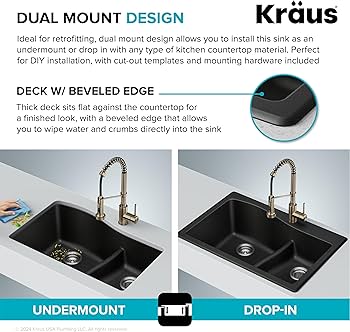 KRAUS Quarza 33-inch Drop-In/Undermount 60/40 Double Bowl Granite