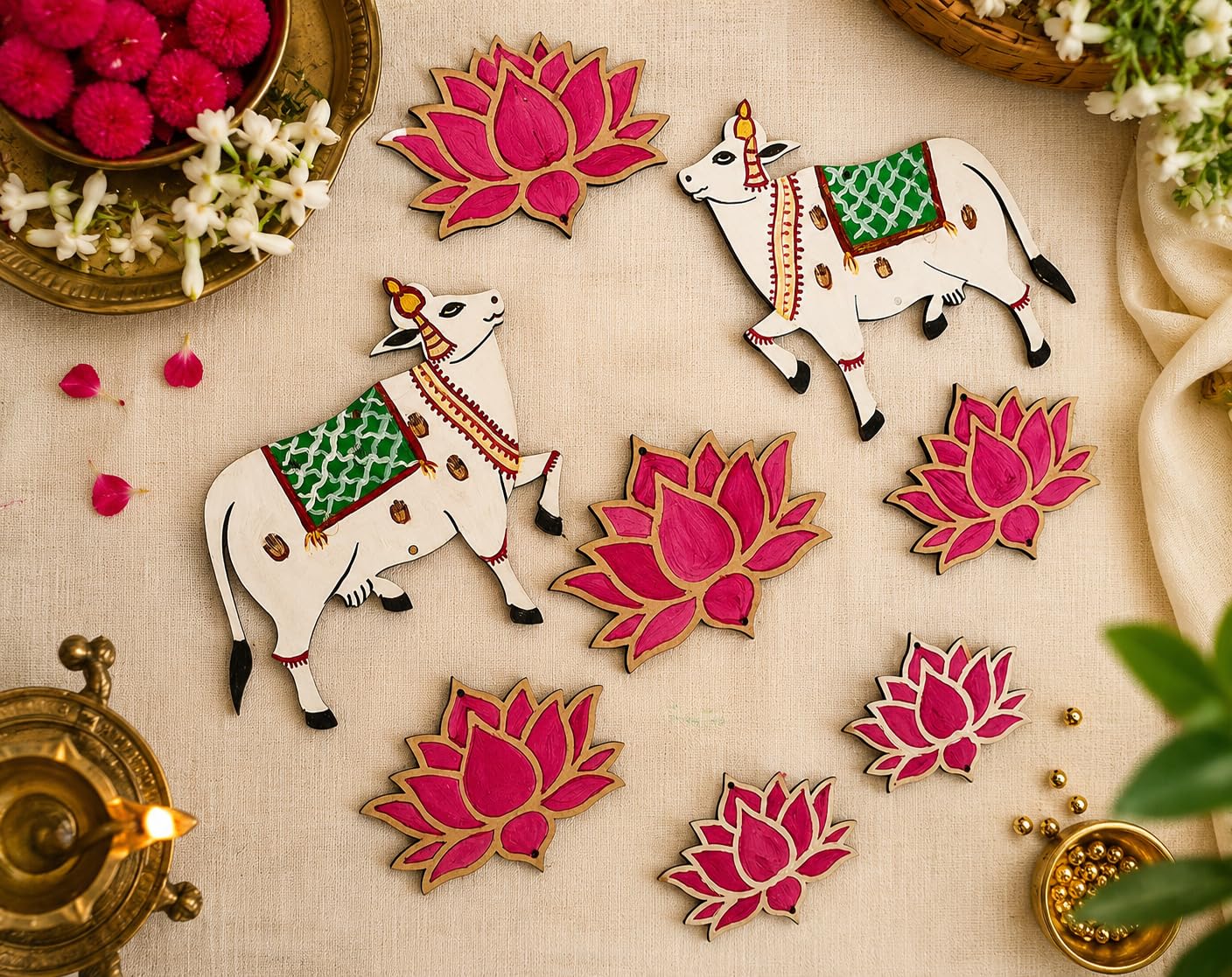 The Brown Box® DIY Pichwai Painting Kit for Adults & Beginners – MDF Cow & Lotus Cutouts Craft Set with Beads, Rings & Pom Poms – Traditional Indian Art Wall Hanging Hobby Kit & Gift Set 1