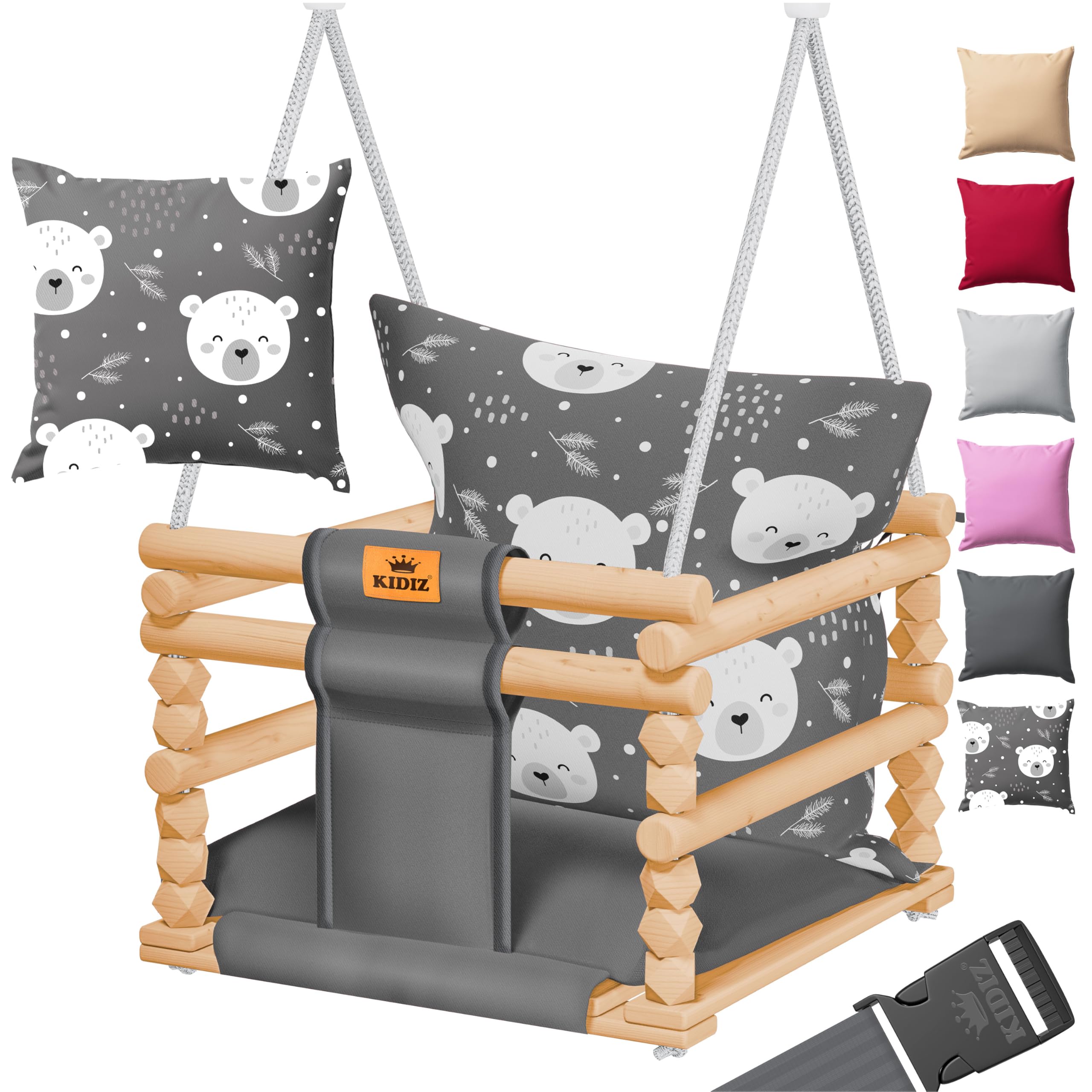 KIDIZ® Babyschaukel Kinderschaukel für Babys ab 6 Monaten und Kleinkinder bis 3+ Jahre | Holzschaukel Schaukelsitz höhenverstellbar & mit Polsterung | Schaukel für drinnen und draußen, mit Muster