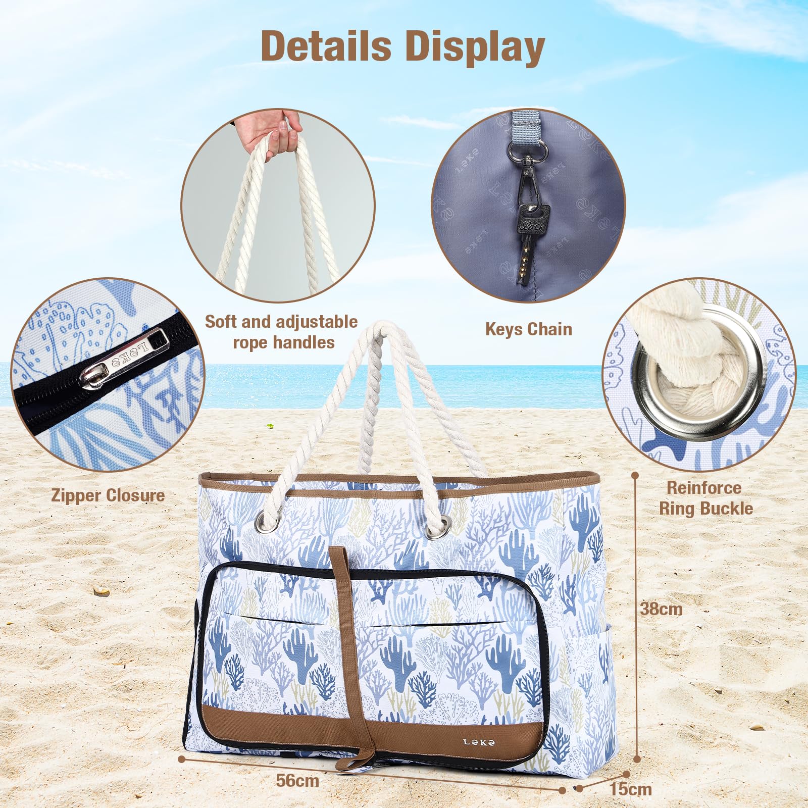 Lekespring Borsa Spiaggia Donna Pieghevole, Borsa Mare Grande XXL Famiglia con Scomparto Scarpe Separato, Impermeabile Shopping Borse Tote Bag con Cerniera per Viaggio Sportiva, Corallo Fiorito