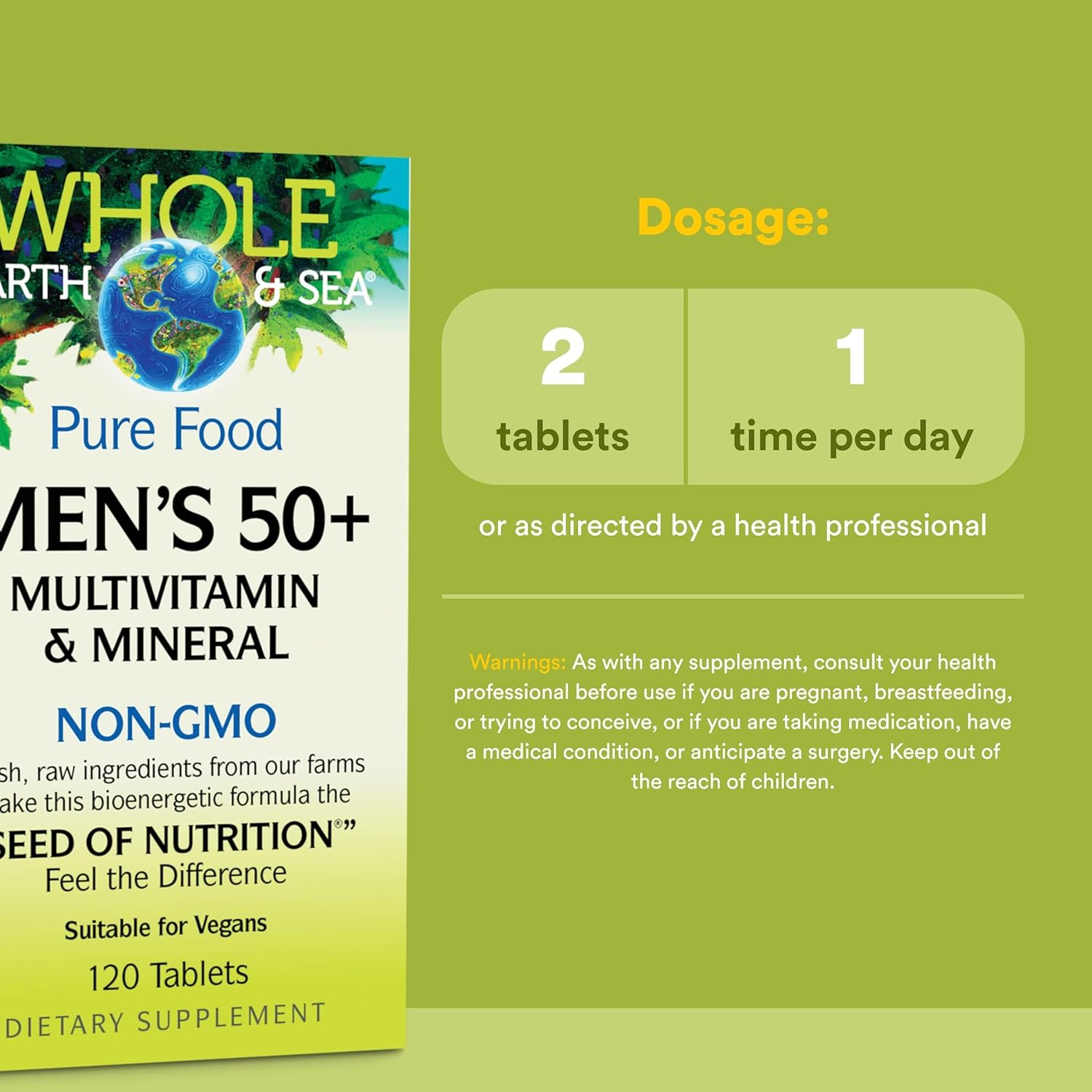 Natural Factors Whole Earth & Sea Men's 50+ Multivitamin & Mineral - Daily Nutritional Support Multivitamin - Supports Brain Health & Immune System Function - Vegan - 120 Tablets (60 Servings) - Image 3