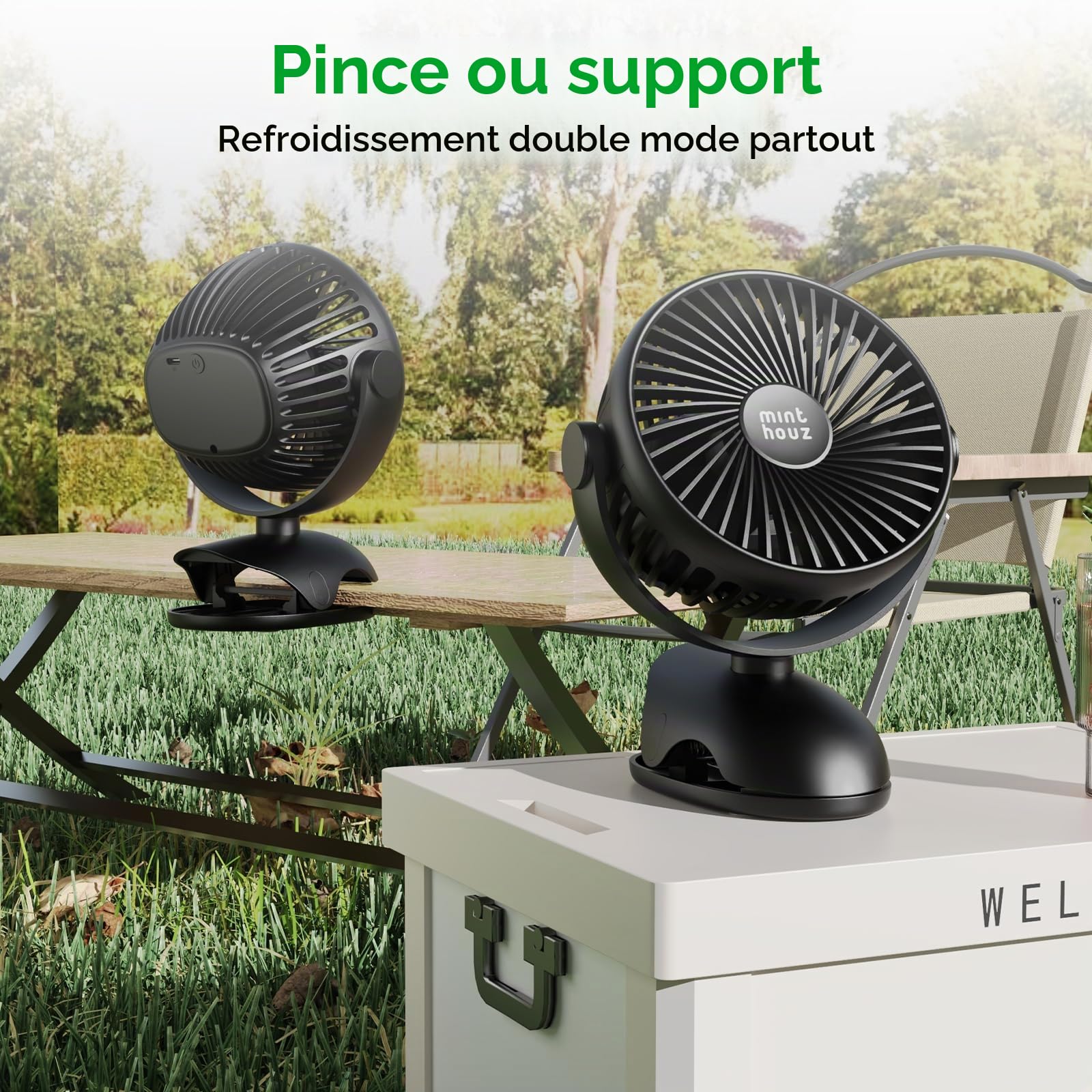 Minthouz Ventilateur à Pince avec Clip, Ventilateur USB Rechargeable 8000mAh, 4 Vitesses, Rotation 360°, Longue Autonomie Silencieux, Mini Portable pour Bureau Camping Poussette Maison