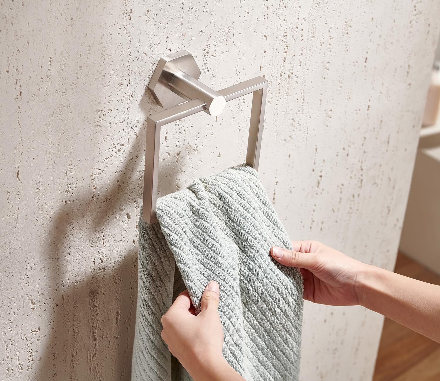 MIYILI Brushed Stainless Steel Towel Ring Modern Hexagonal Base Bathroom Hand Towel Rack Wall Mounted Towel Holder