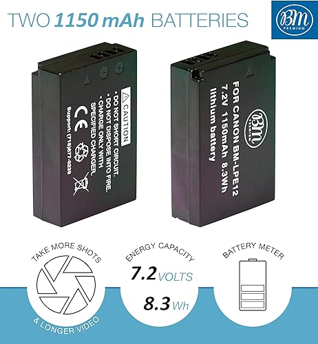 Miniatura 3 de BM Premium Paquete de 2 baterías LP-E12 y cargador de batería dual USB para cámaras digitales Canon EOS-M, EOS M2, EOS M10, EOS M50, EOS M50 Mark