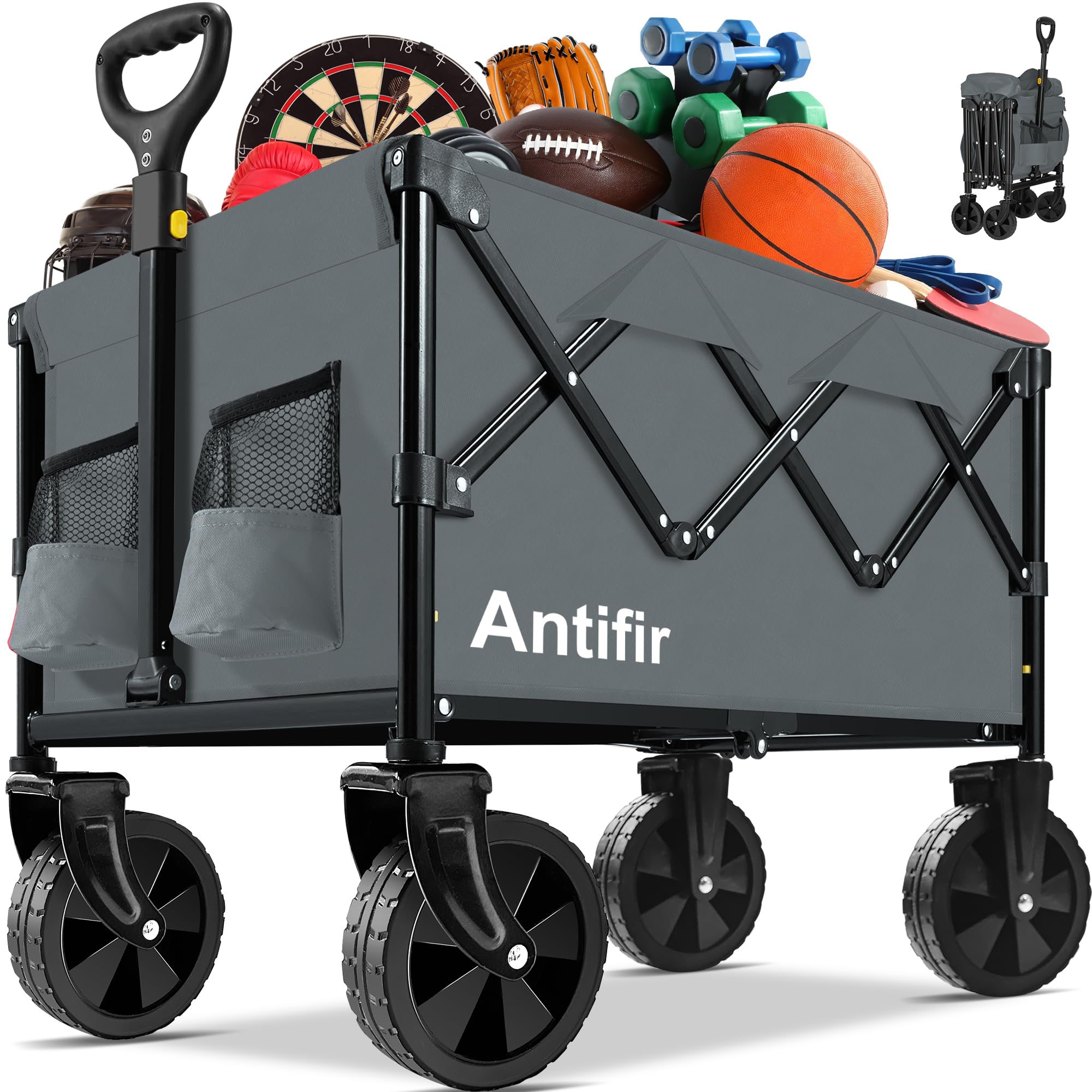 Collapsible Folding Wagon Cart, Portable Garden Wagon Cart All Terrain with Large Capacity, Heavy Duty Foldable Utility Wagon Cart for Groceries, Sports, Shopping, Camping Outdoor, Grey