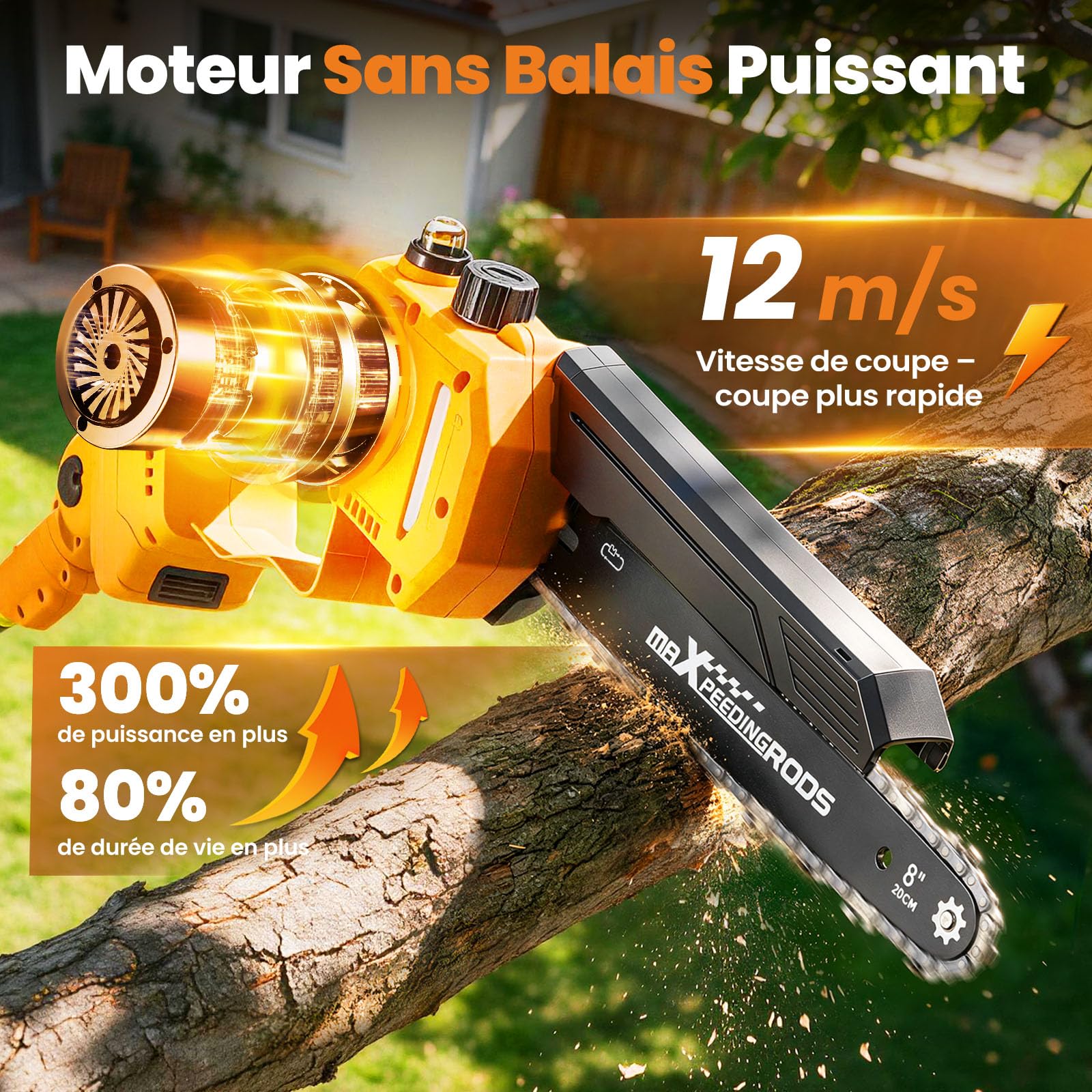maXpeedingrods 4-en-1 Mini Tronçonneuse & Elagueuse sur Perche 8 & 6 Pouces