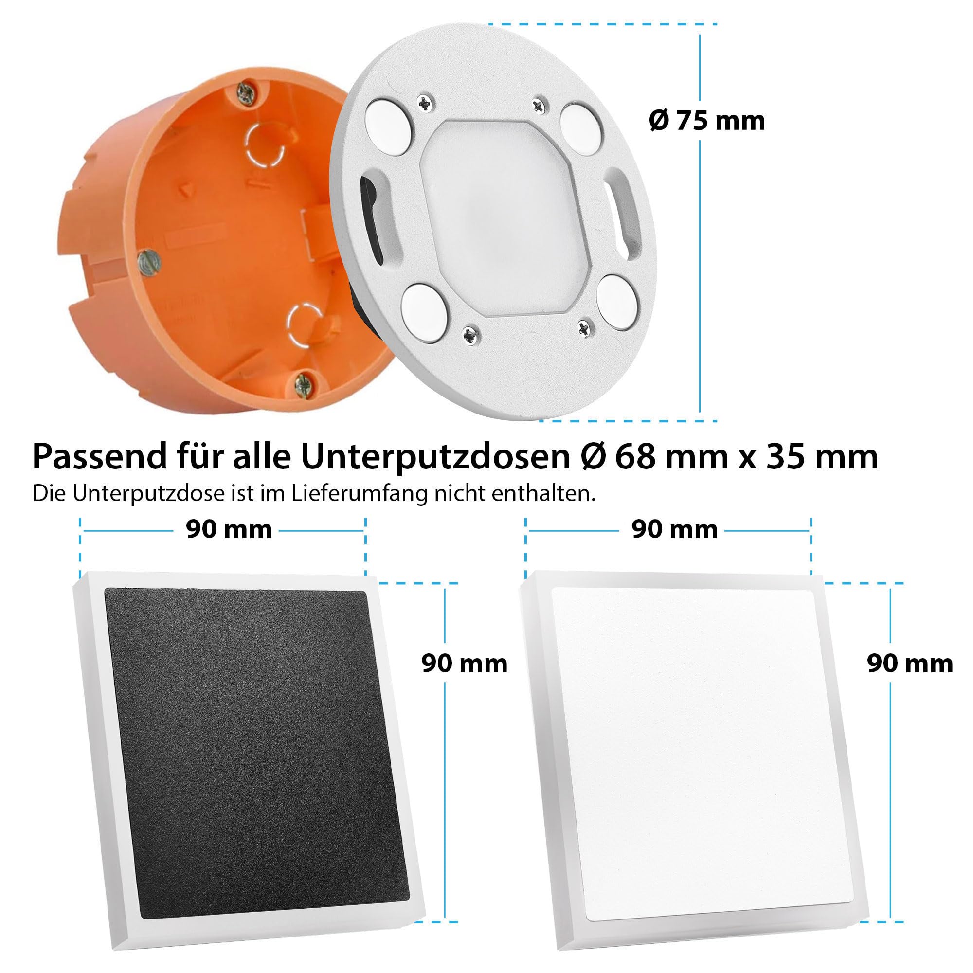 Maxkomfort LED Treppenbeleuchtung 230V Indirektes Licht Acryl-Seitenlicht Wandeinbauleuchte Eckig Schwarz Weiß Halo-Effekt 140lm Warmweiß 3000K Magnetisch für Schalterdose Ø 60mm - 6109 (weiß, eckig)