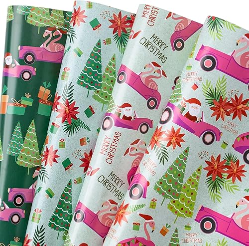 Miniatura 8 de WRAPAHOLIC Hoja de papel de regalo de Navidad, 12 hojas de diseño de árbol de Navidad rosa y casa, plegada plana con 12 etiquetas de regalo para