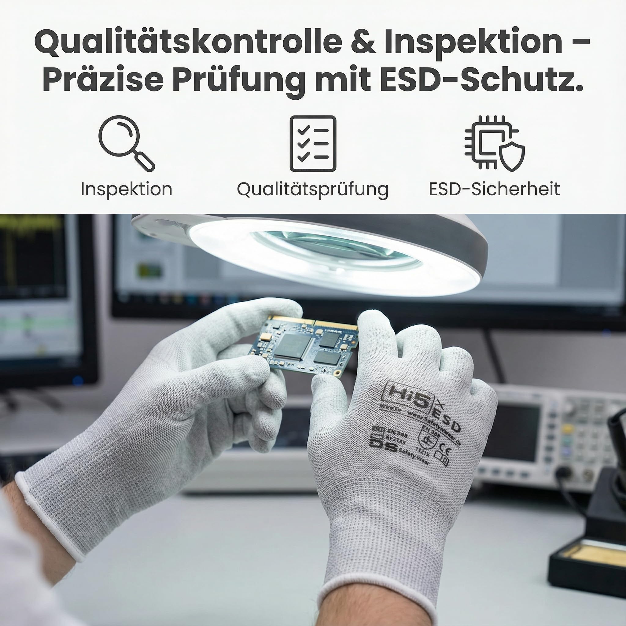 Hi5 DS SafetyWear X-ESD Arbeitshandschuhe – 13G Carbonfaser/Elasthan – ESD geeignet – EN 388:1121X – hohe Fingerfertigkeit Level 5 – Montage & Elektronik – weiß (M, 120, stück)