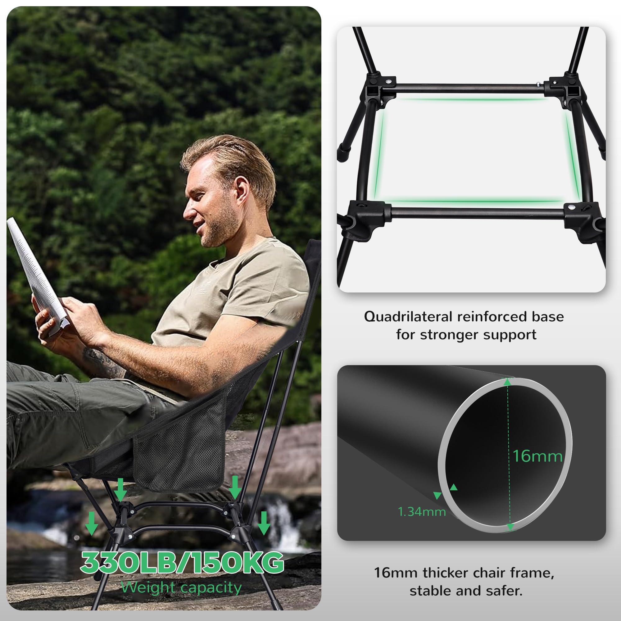 Sedia da viaggio, schienale lungo nero con cuscino per il collo, sedia da campeggio pieghevole leggera, sedile portatile completamente imbottito con tasca laterale, supporto 150 kg per