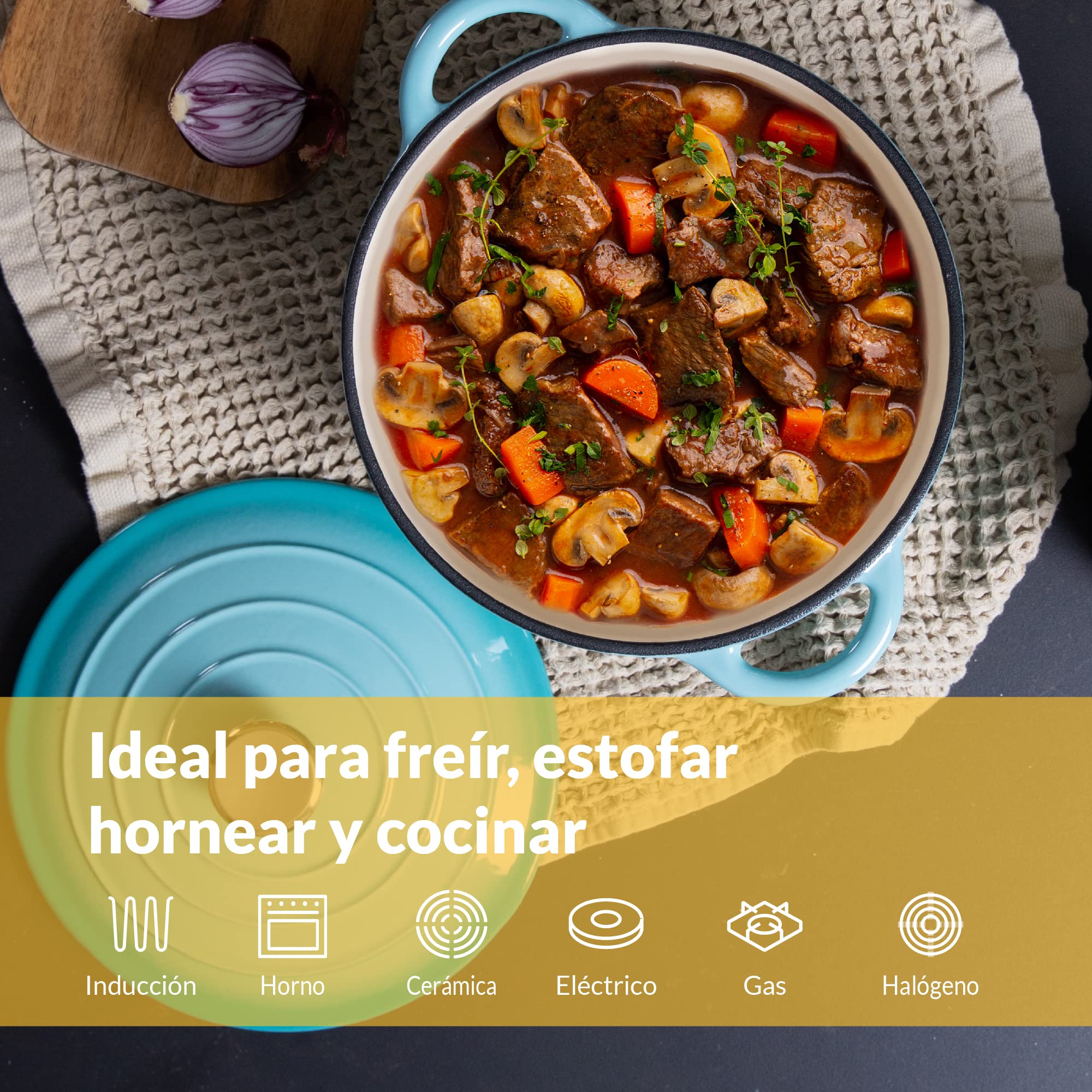 Chefarone Cacerola de hierro fundido de 24 cm, 3,5 L, esmaltada con tapa para hornear, estofar y asar, para inducción