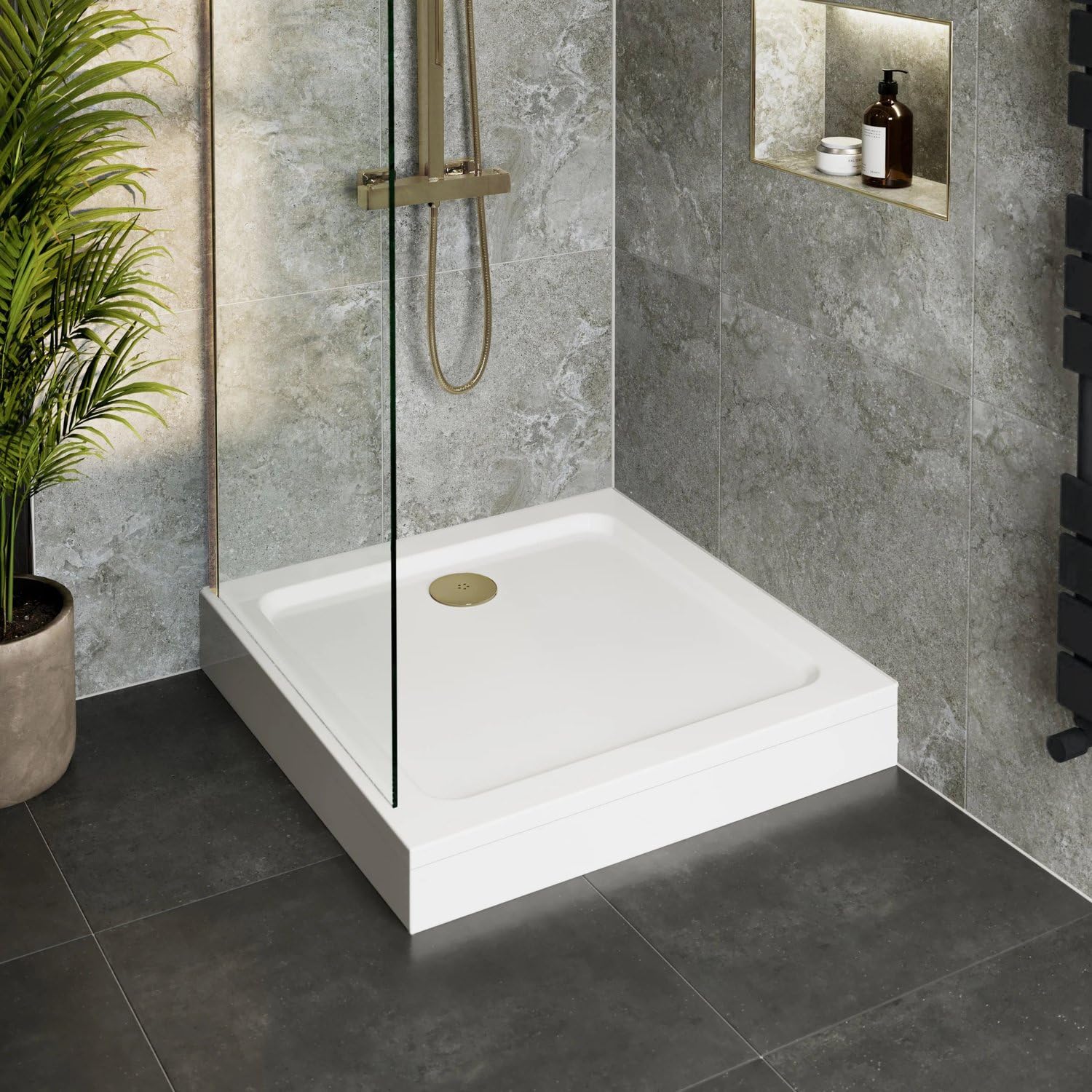 Hydrolux® 700 x 700 x 140mm White Bathroom Shower Tray for Enclosures Cubicles & Wet Room with Brushed Brass Waste + Riser Kit, Square — image 1