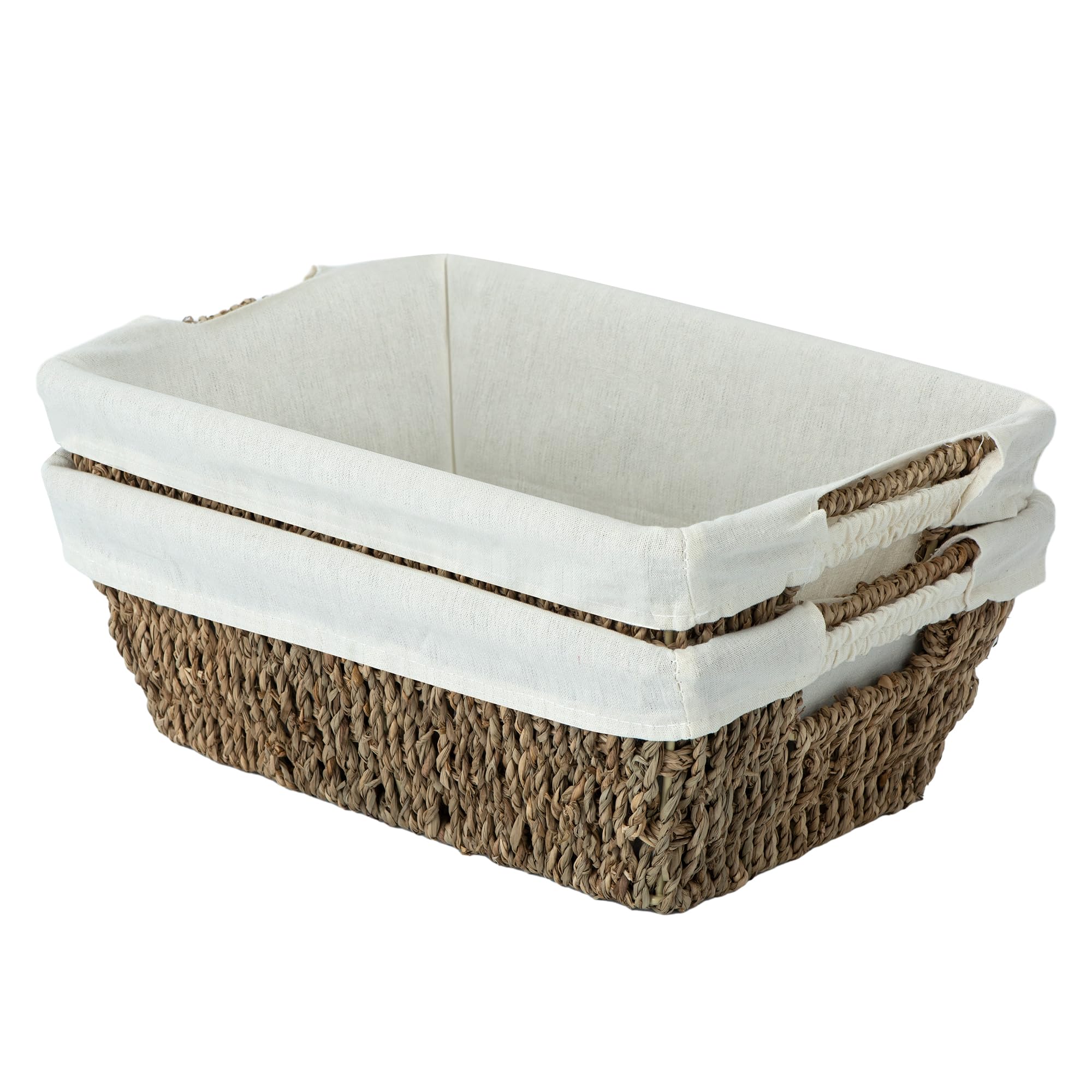 Seagrass Storage Baskets with Removable Washable Liner, Set of 2 Handwoven Wicker Organizer Bins for Bathroom, Pantry, Kitchen, Closet, Nursery & Shelf Storage, Natural