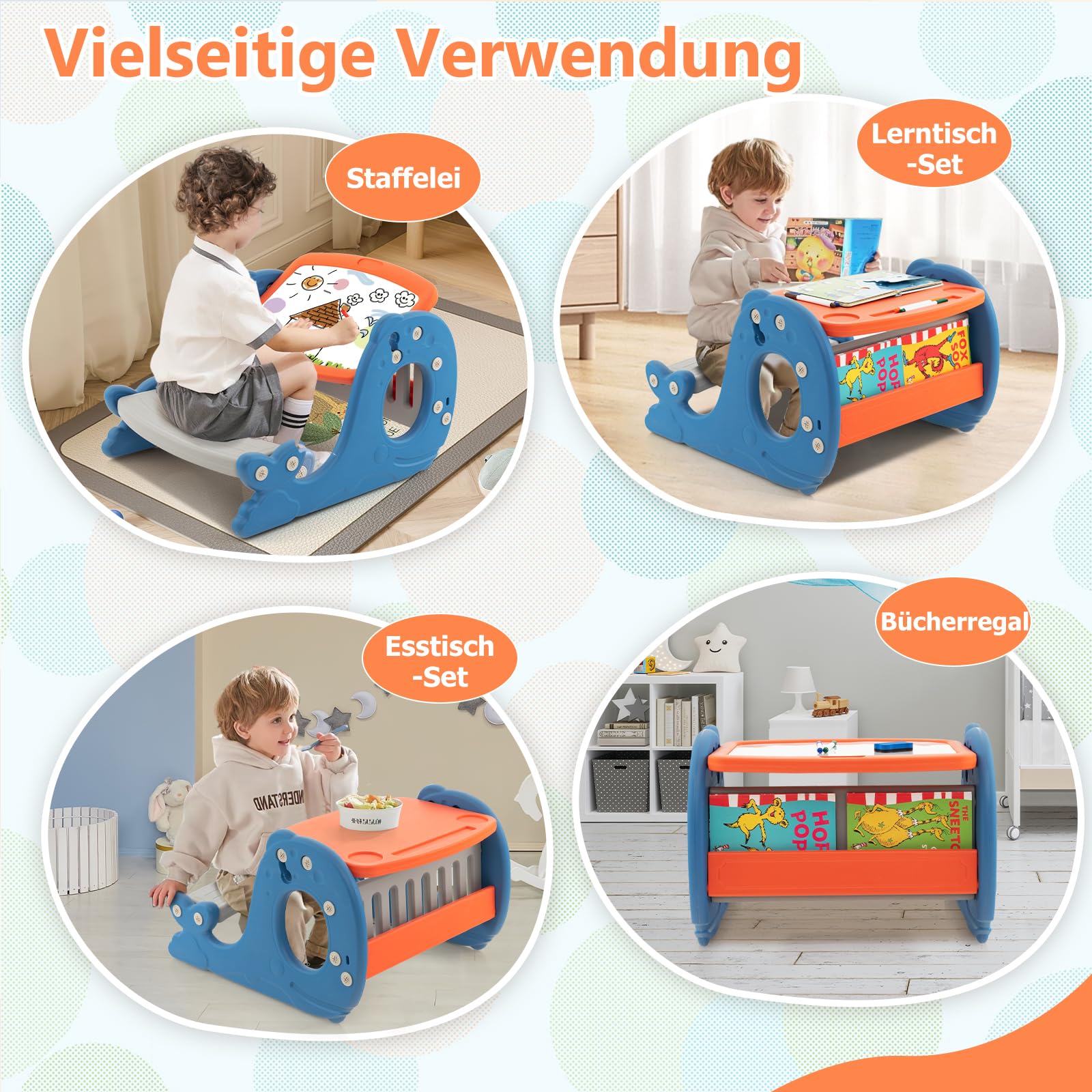 DREAMADE 4 in 1 Kinder Staffelei mit Stuhl, multifunktionale Kinderstaffelei mit Wendbare Tischplatte, Whiteboard & Bücherregal, Kindertisch Aktivitätstisch Zeichentisch für Kinder ab 1 Jahre