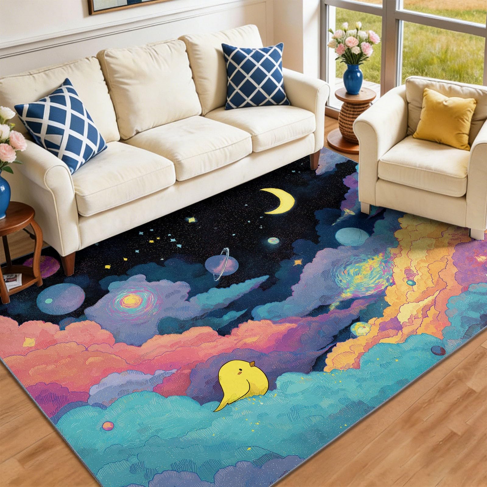 Tappeto lavabile per soggiorno, 80 x 150 cm, blu e giallo, stile bohémien, per cameretta dei bambini, stanza dei giochi, stampa di piccoli uccelli gialli e pianeti, design moderno, antiscivolo