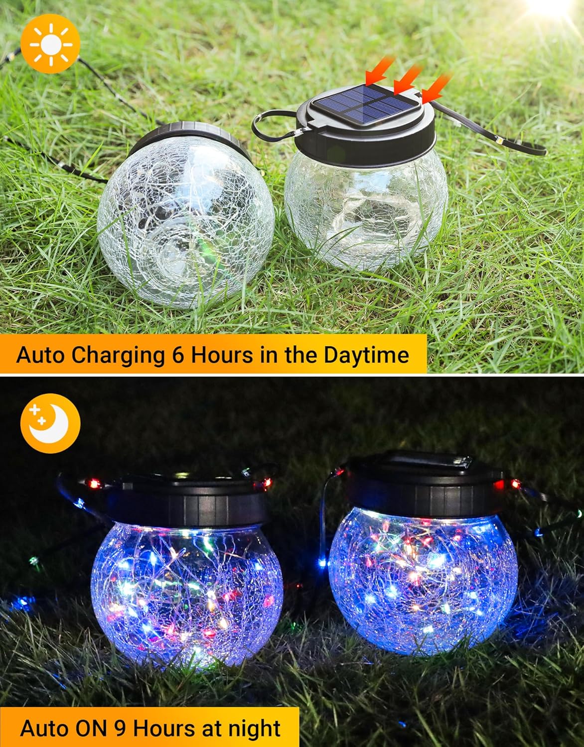 PARTPHONER Solar Lantern Solar Lights Outdoor Waterproof 6-Pack, Solar Powered Hanging Lights Cracked Glass Hanging Globes for Christmas Decoration, Shepherd Hook, Garden Tree Ornaments, Multi-Color - Image 2