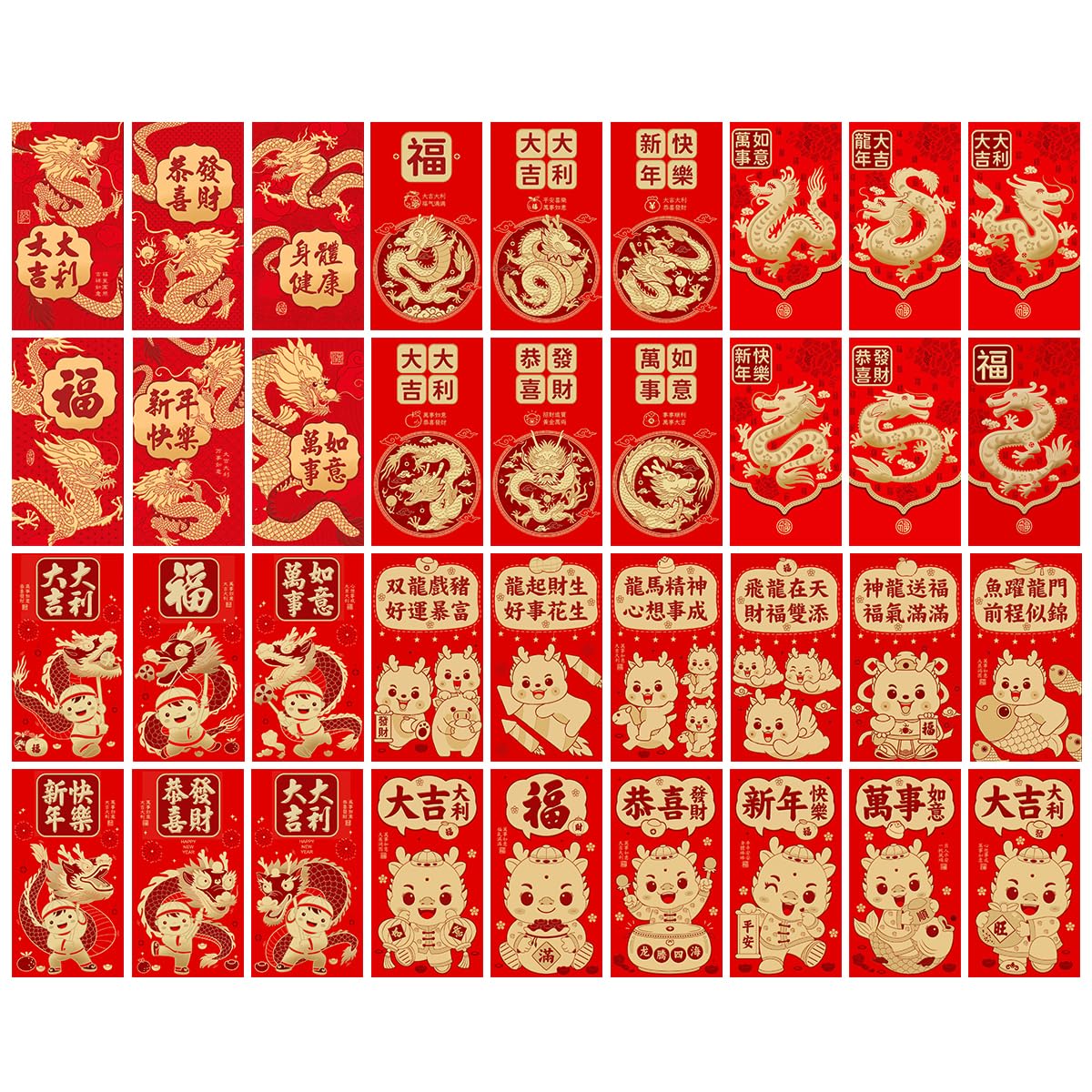 Photo 1 of 36 Designs 36 PCS Dragon Year Chinese Red Envelopes Lucky Money Envelopes 2024, 2024 Lunar Chinese New Year Dragon Year Of The Dragon Envelope Gold A3