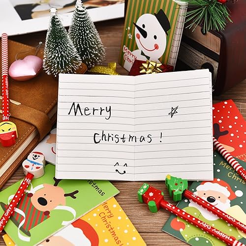 Miniatura 7 de Outus 15 Pieces Christmas Pencils with Erasers and 10 Pieces Mini Notepads Notebook Snowman Santa Claus Elk Pattern Notebook for Christmas Game