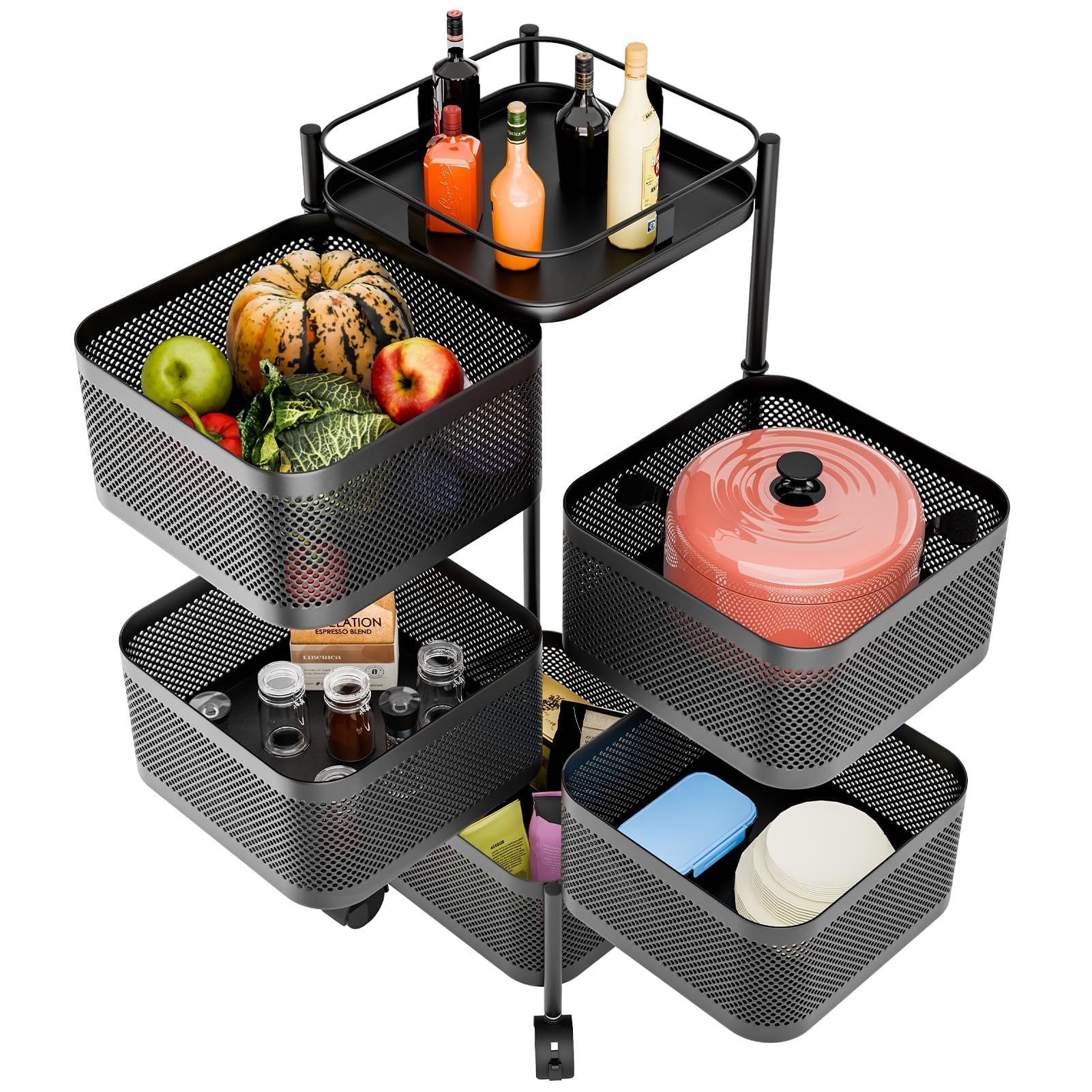 Carrello da cucina girevole a 3-5 ripiani, in filo metallico con coperchio superiore, versatile carrello portaoggetti per frutta e verdura, design salvaspazio per cucina e soggiorno