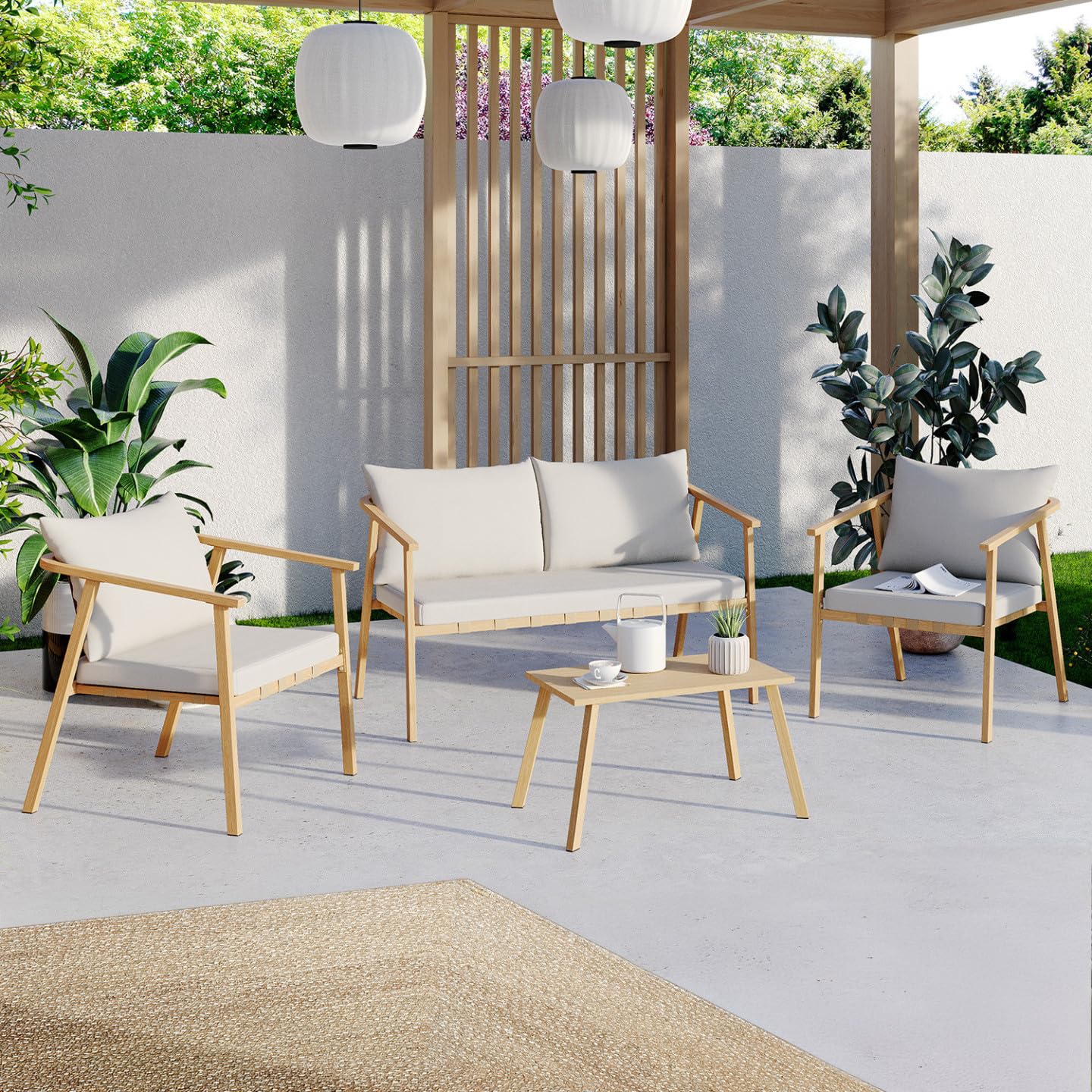 IDMarket - Salon de Jardin Bas Malta 4 Places Structure en métal Effet Bois