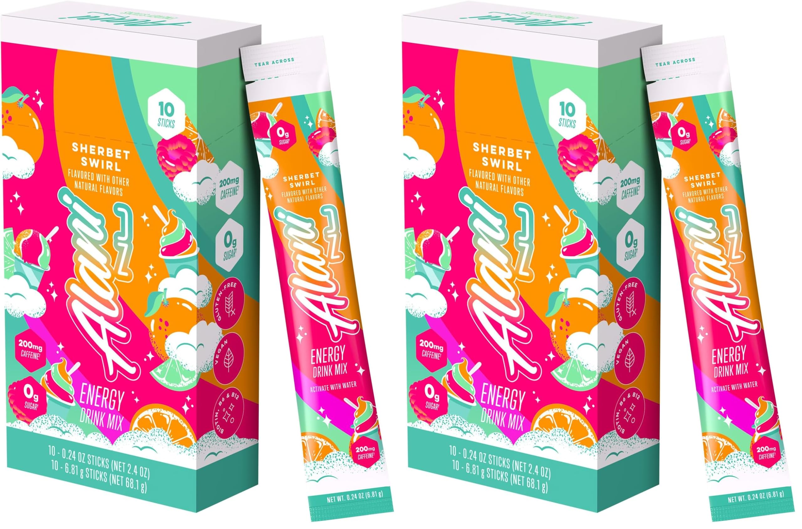 Alani Nu Pré-treino em pó sabor Sherbet Swirl com cafeína 200 mg, 20 sachês