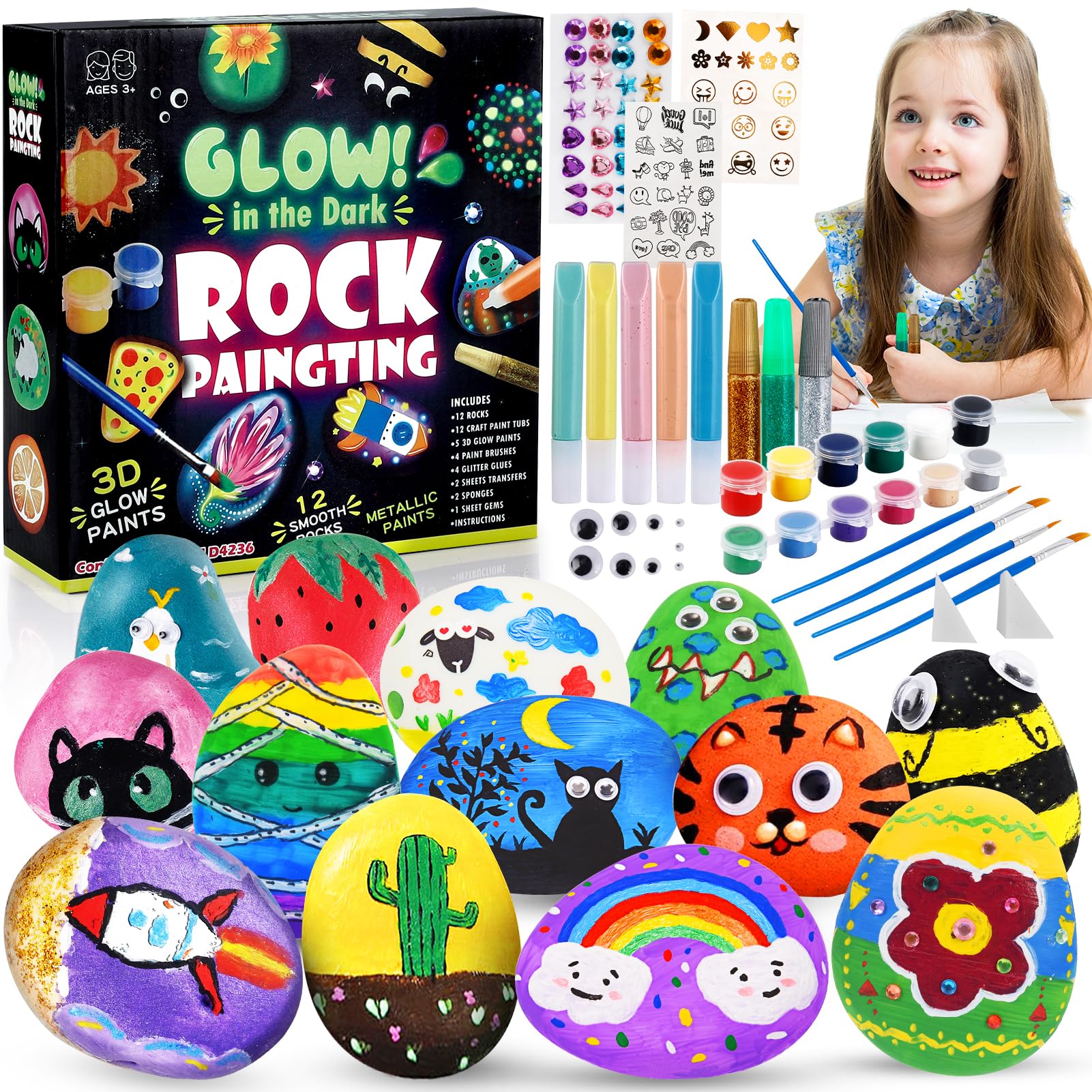 Kit De Pintura Para Piedras - Manualidades Niños 4 A 10 Años, 12 Piedras Naturales + Colores Brillantes Y Fluorescentes
