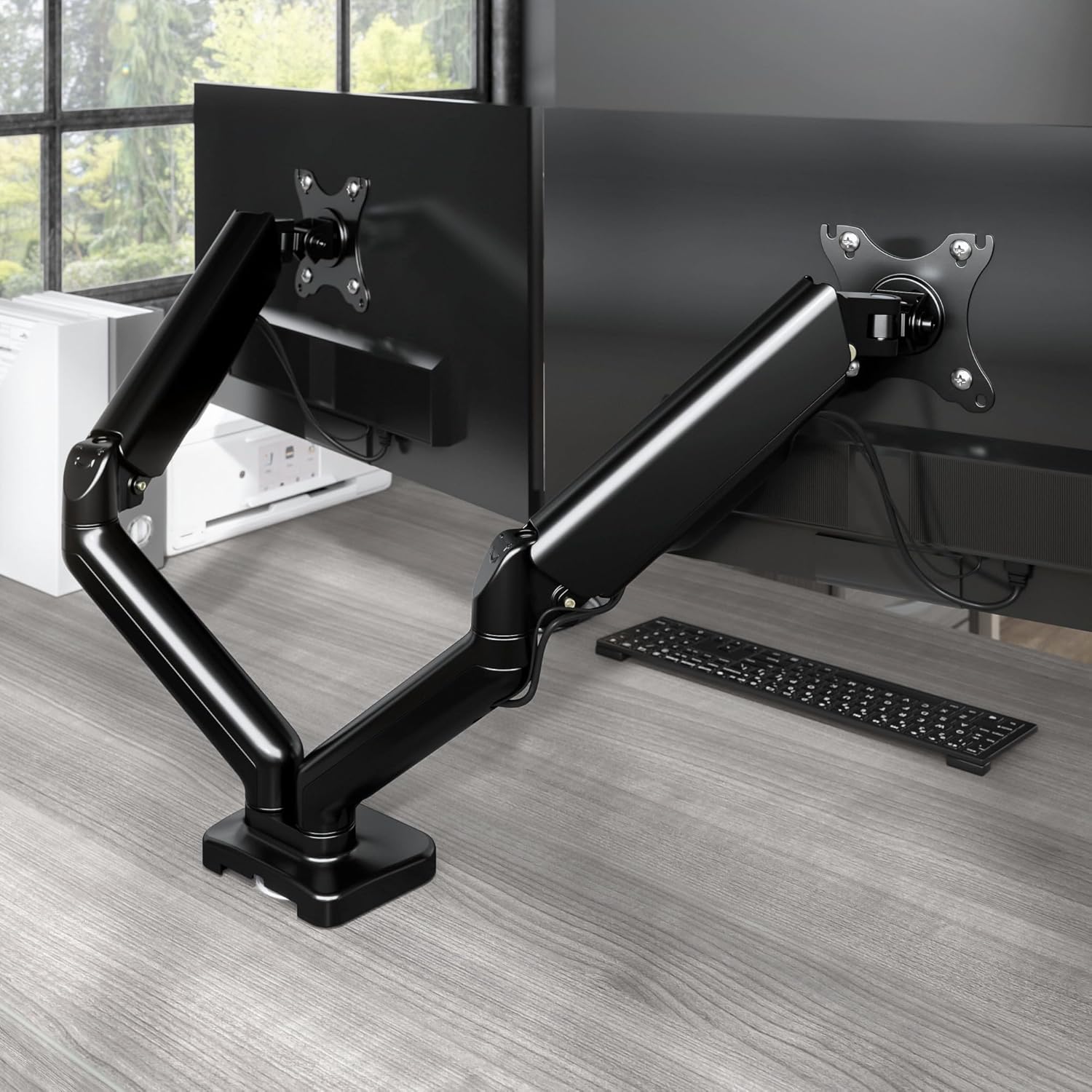 Bush Business Furniture Adjustable Dual Monitor Arm, Commercial Office Desk Accessories, Satin Black