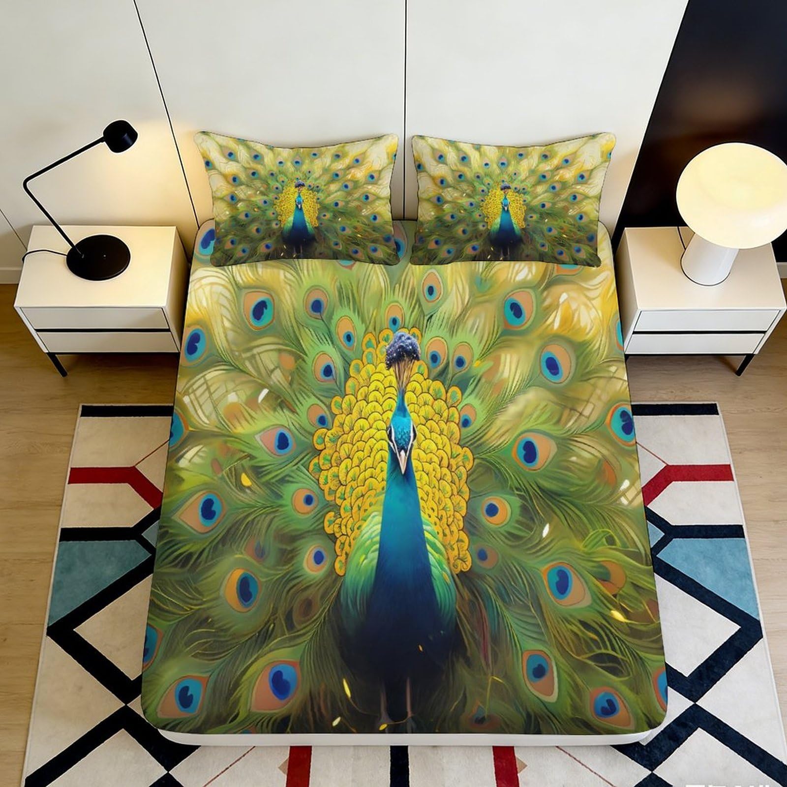 3D Printed Peacock Feather Fitted Sheet Microfiber Bedroom Decor Peacock Plumage Mattress Cover for Adult Youth Home Guest Room 90x200x25cm